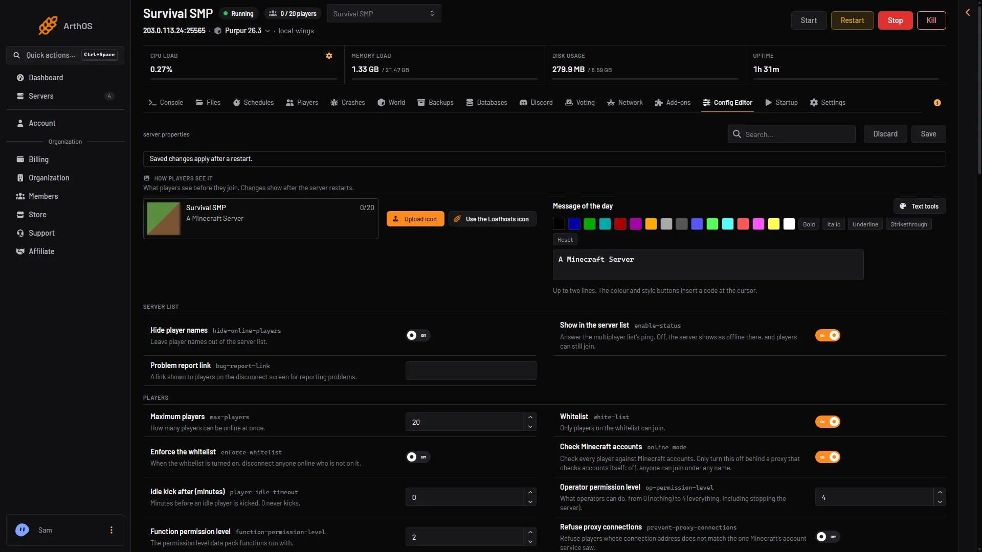 ArthOS config editor: labelled server settings and a message of the day editor with colour codes