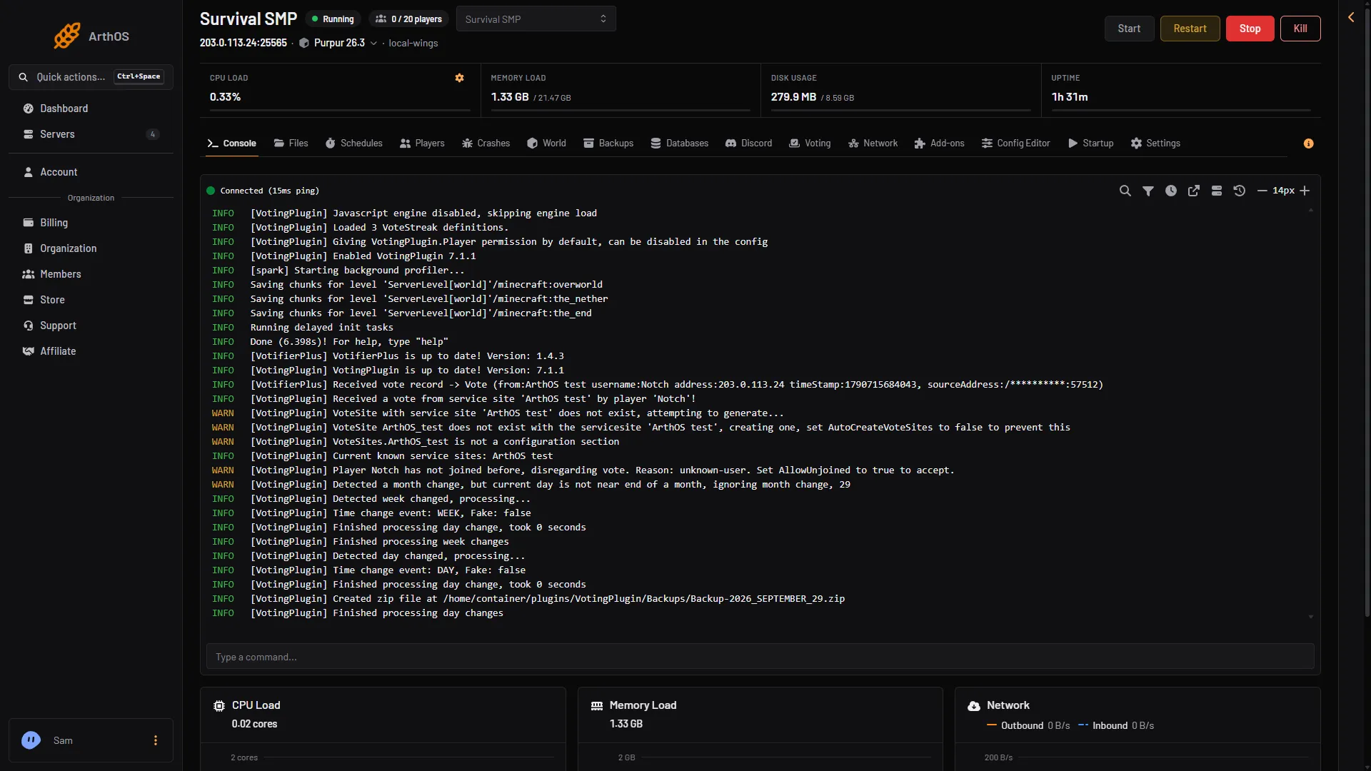 ArthOS console: live server log with start, restart, stop and kill buttons and resource meters