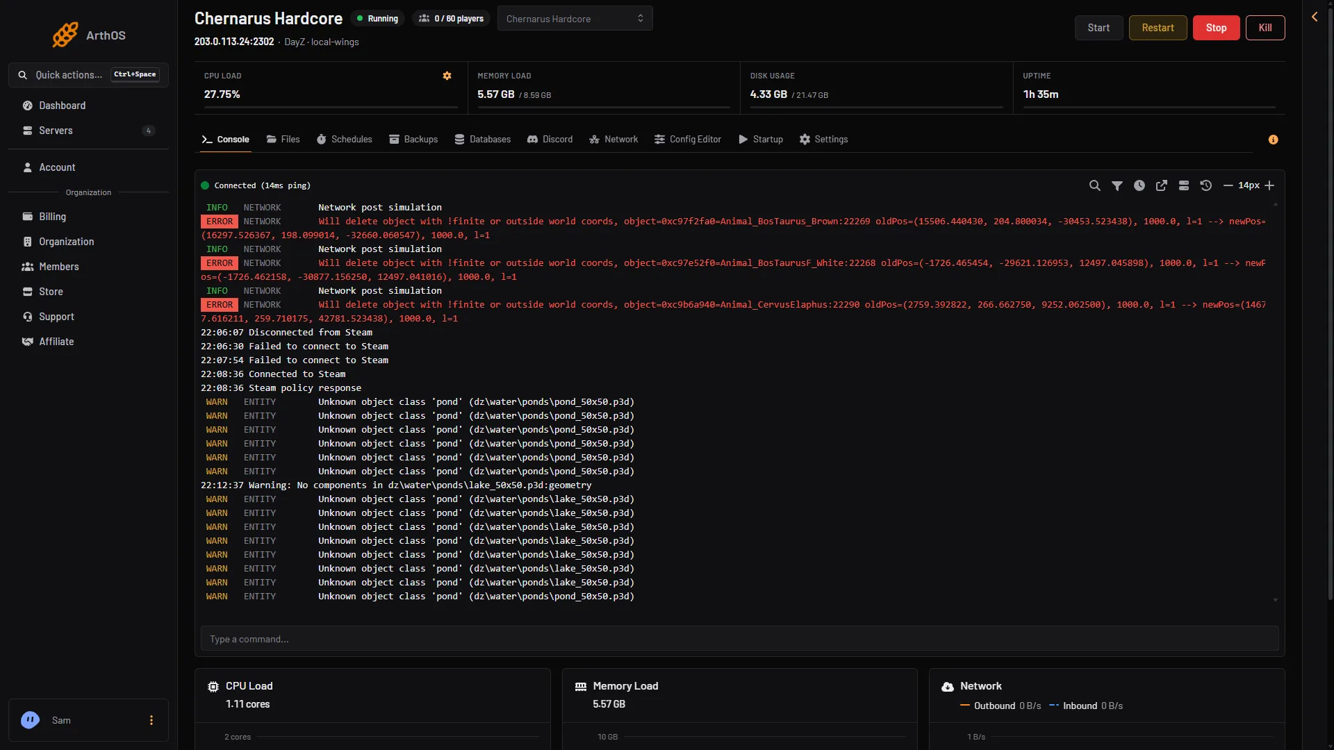 DayZ live console with start, restart and stop buttons
