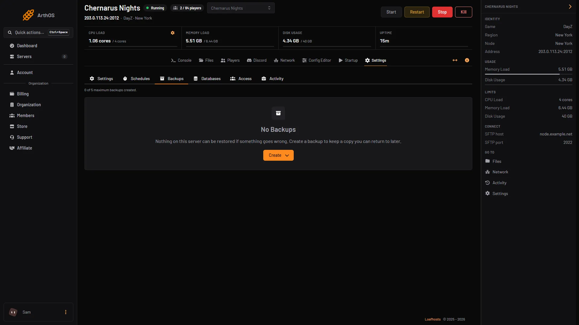 The Backups tab under Settings, with the Create button