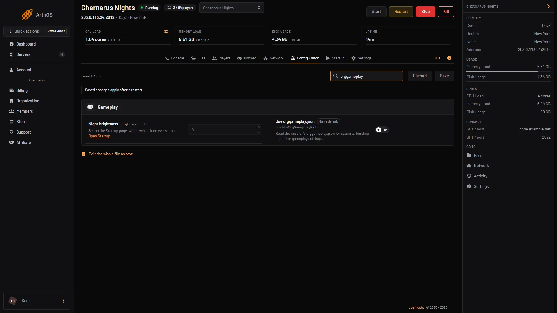The Config Editor searched for cfggameplay, showing the Use cfggameplay.json row