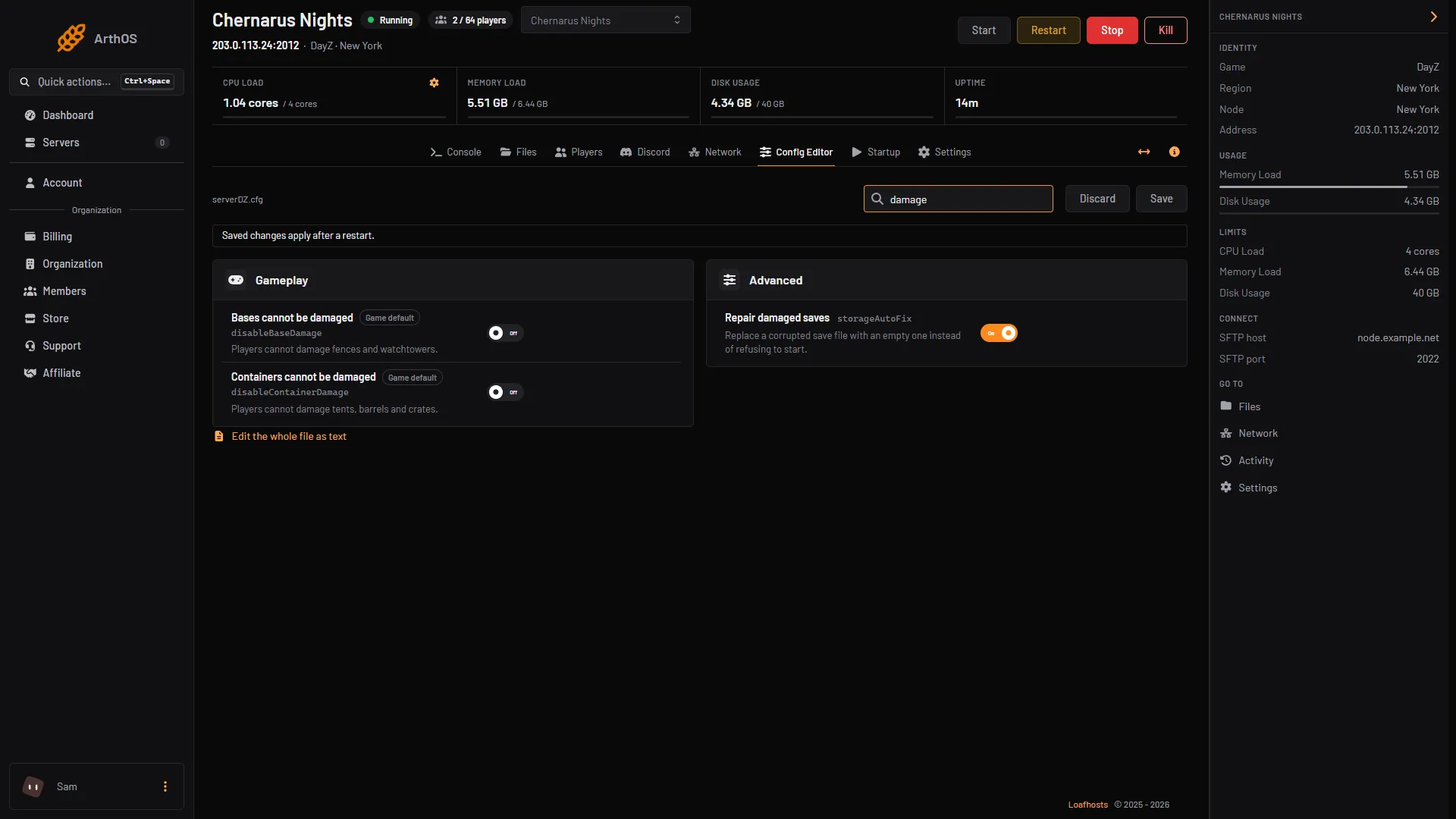 The Config Editor searched for damage, showing the two damage switches