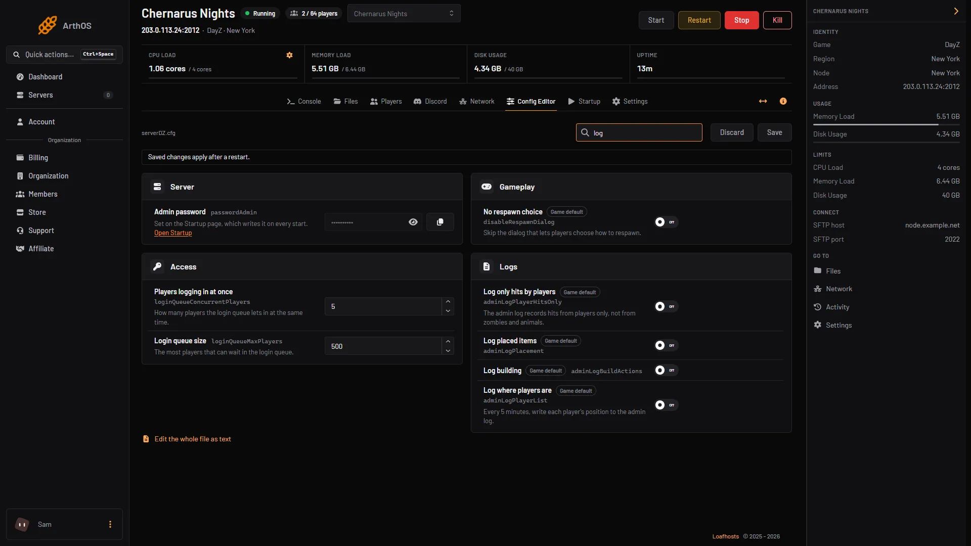 The Logs group in the Config Editor