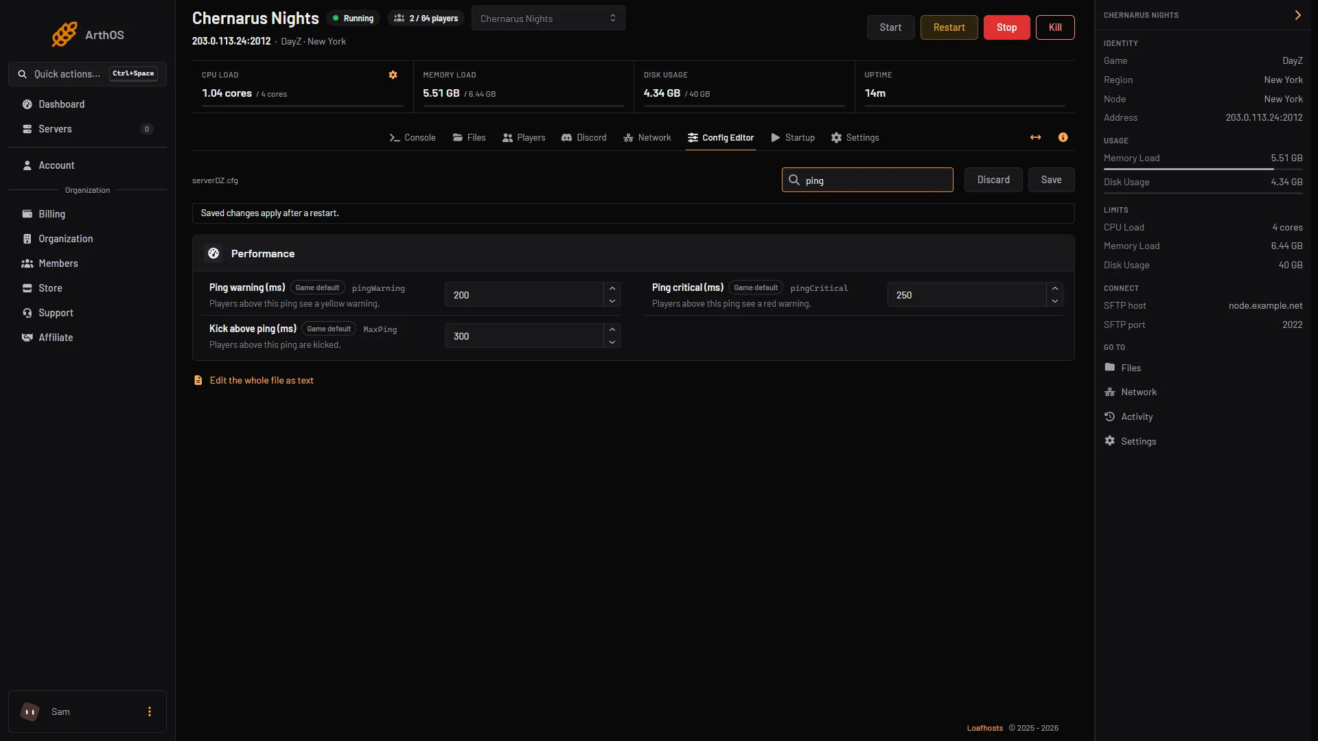 The Performance group in the Config Editor with the ping rows