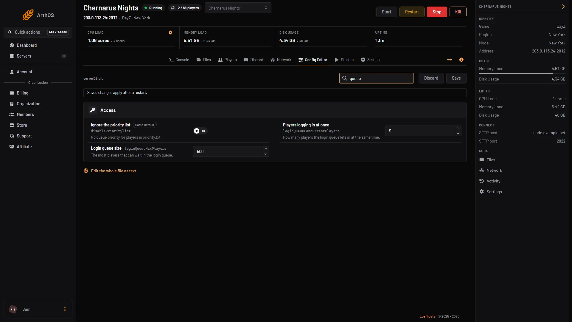 The Config Editor searched for queue, showing the login queue rows