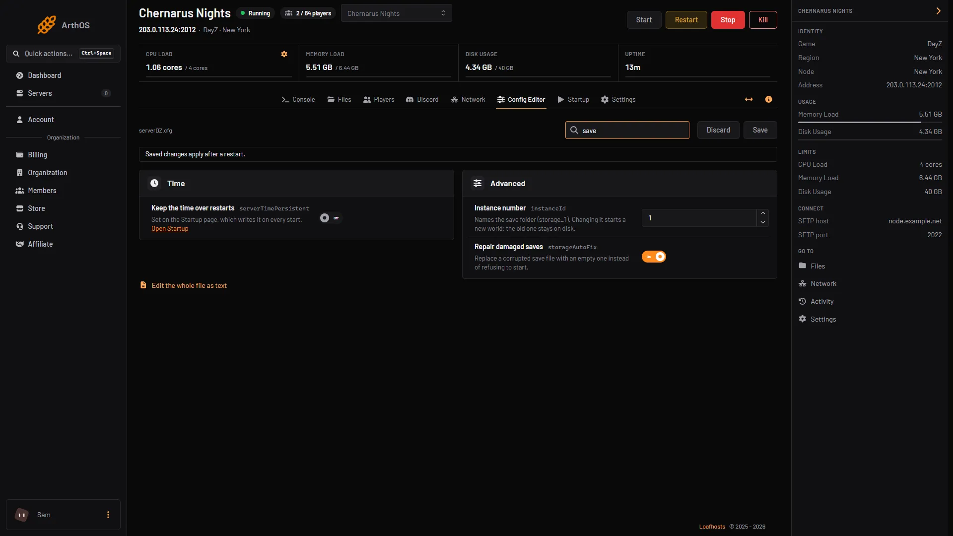 The Config Editor searched for save, showing Instance number and Repair damaged saves