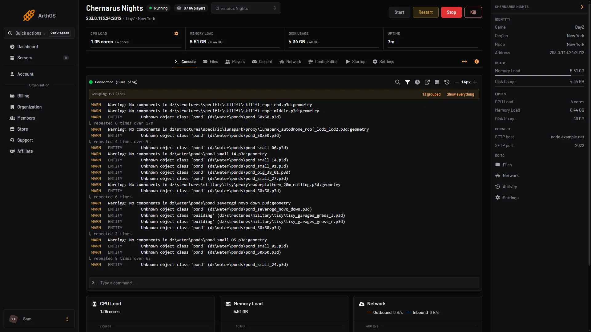 The server Console with the address under the server name