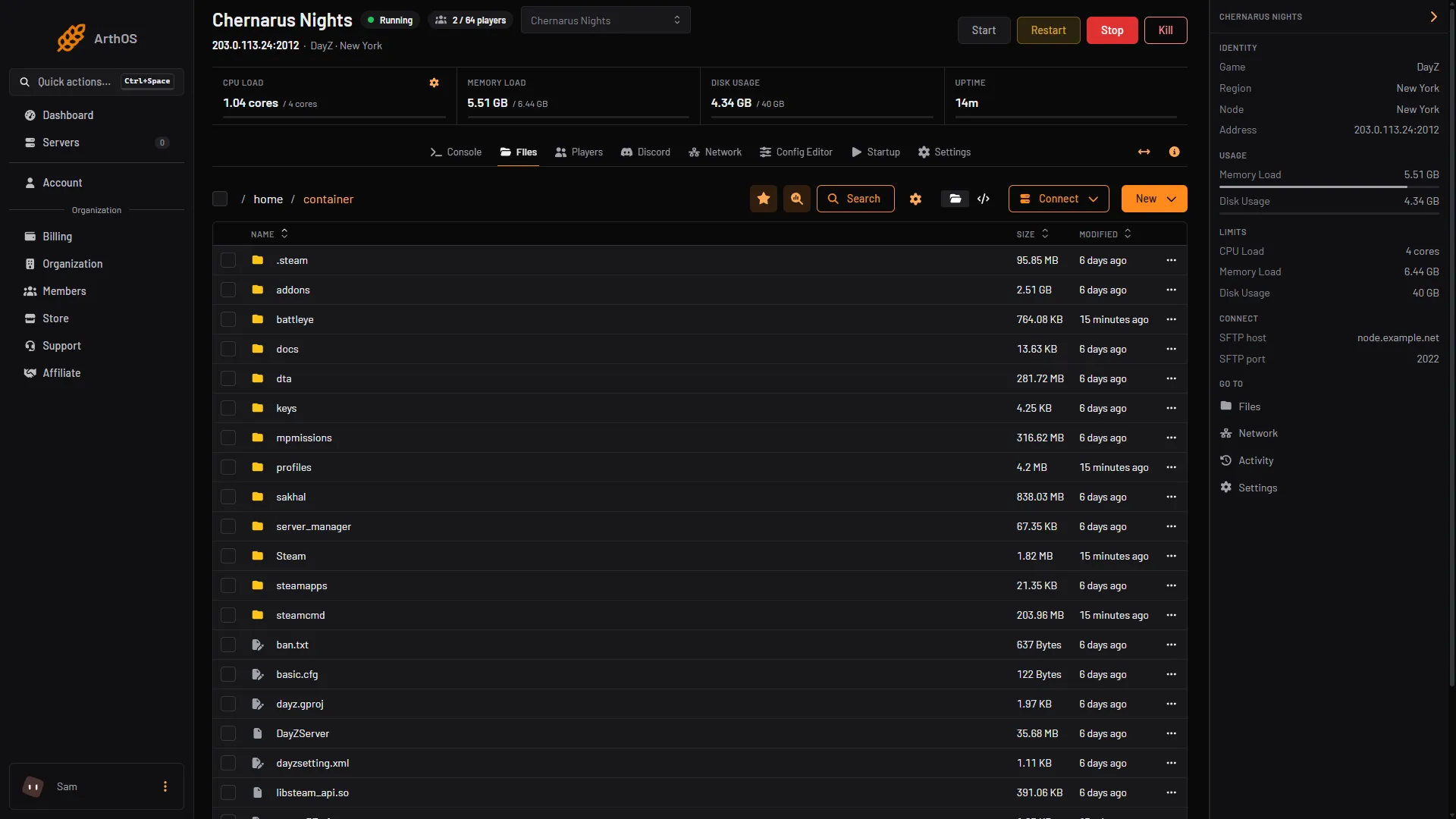 The server's top folder in Files, with basic.cfg