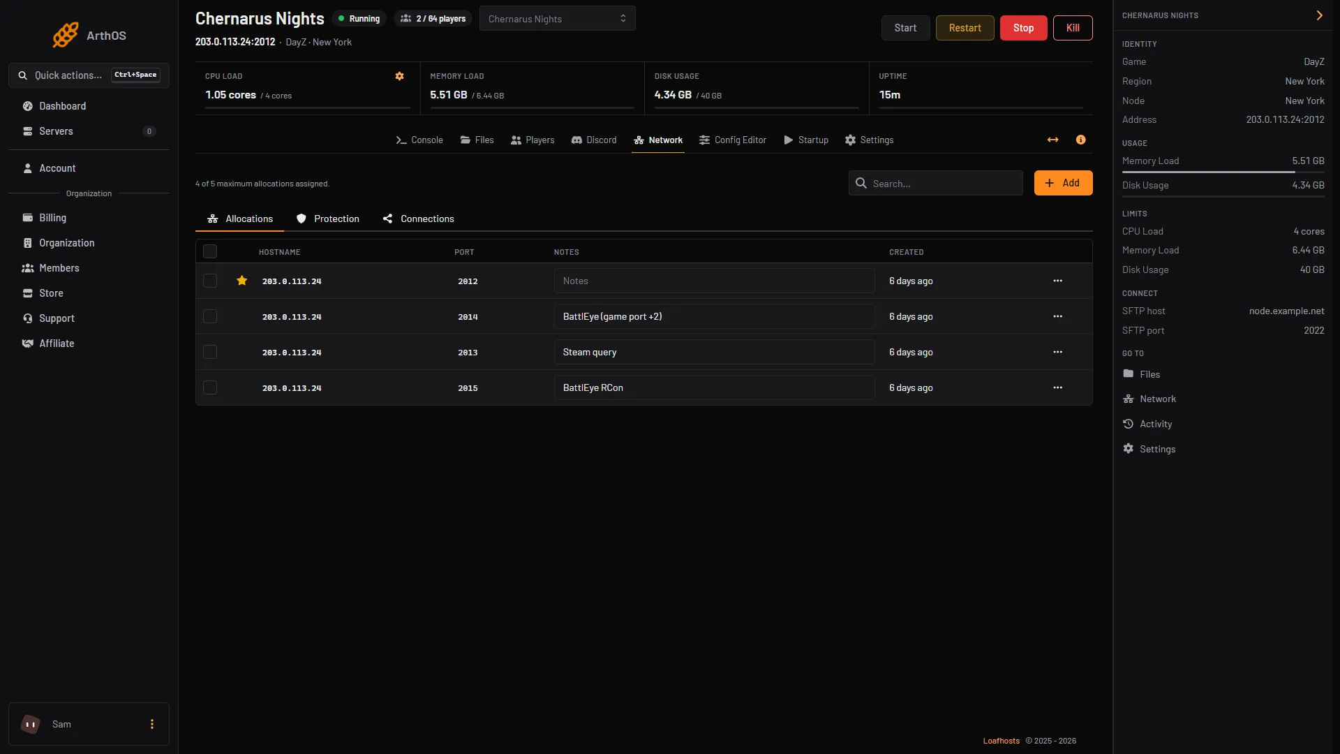 The Network page listing the game, query, BattlEye and RCon ports