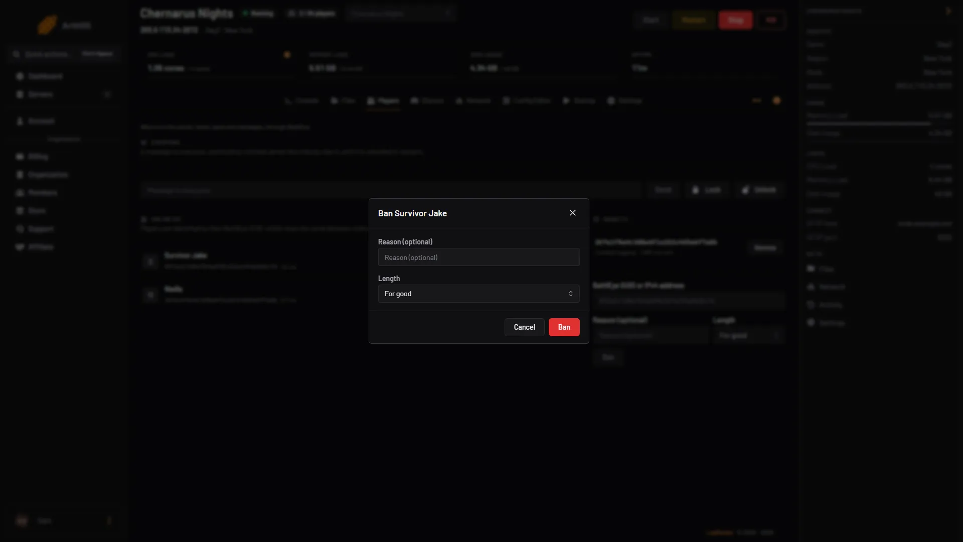 The ban box for a player, with Reason, Length and Ban