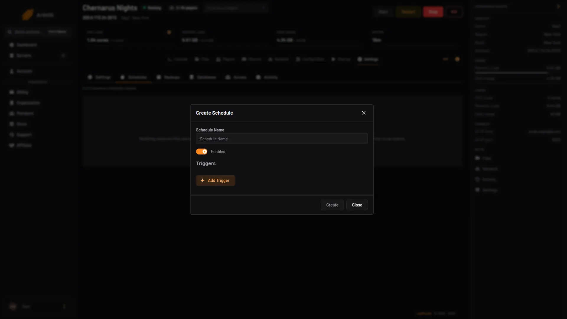 The Create Schedule dialog with Schedule Name and Add Trigger