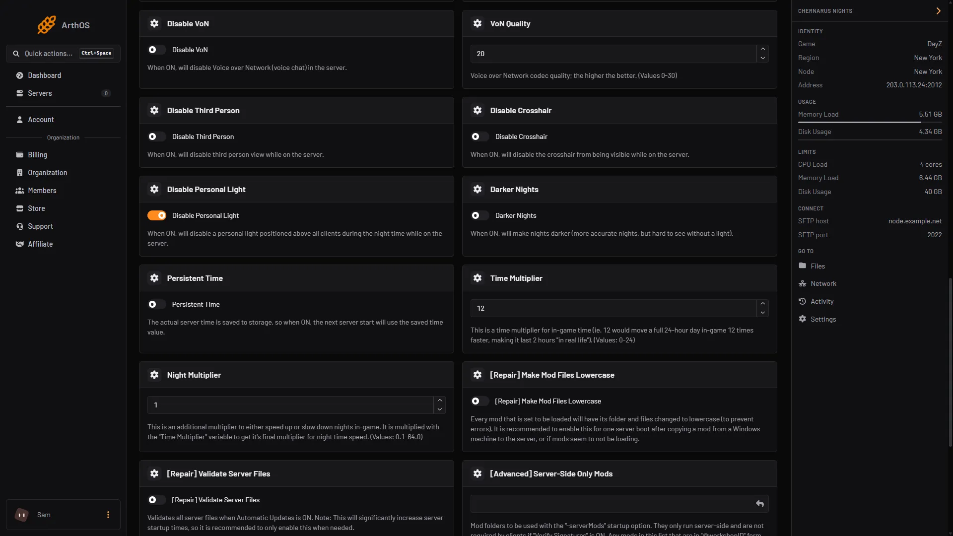 The Startup page with the Disable Personal Light and Darker Nights switches