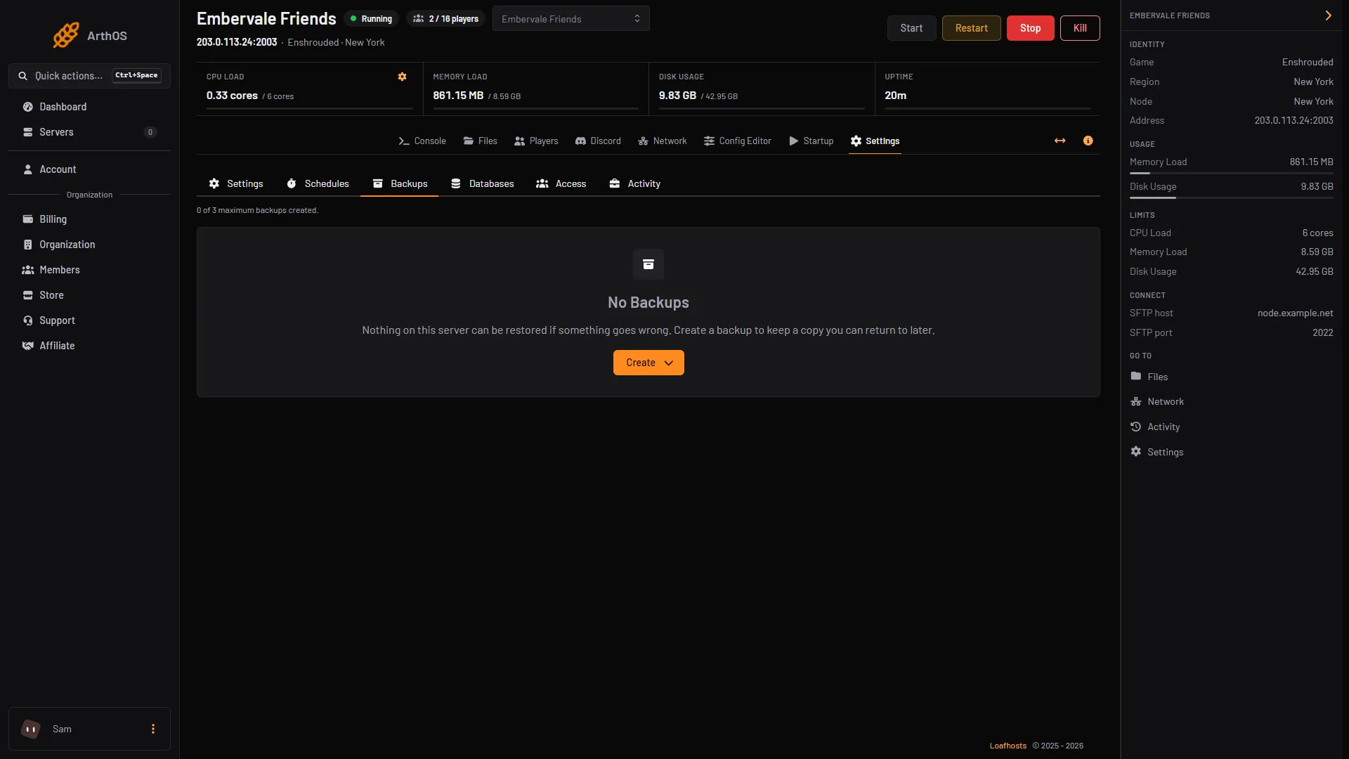 The Backups tab with the Create button