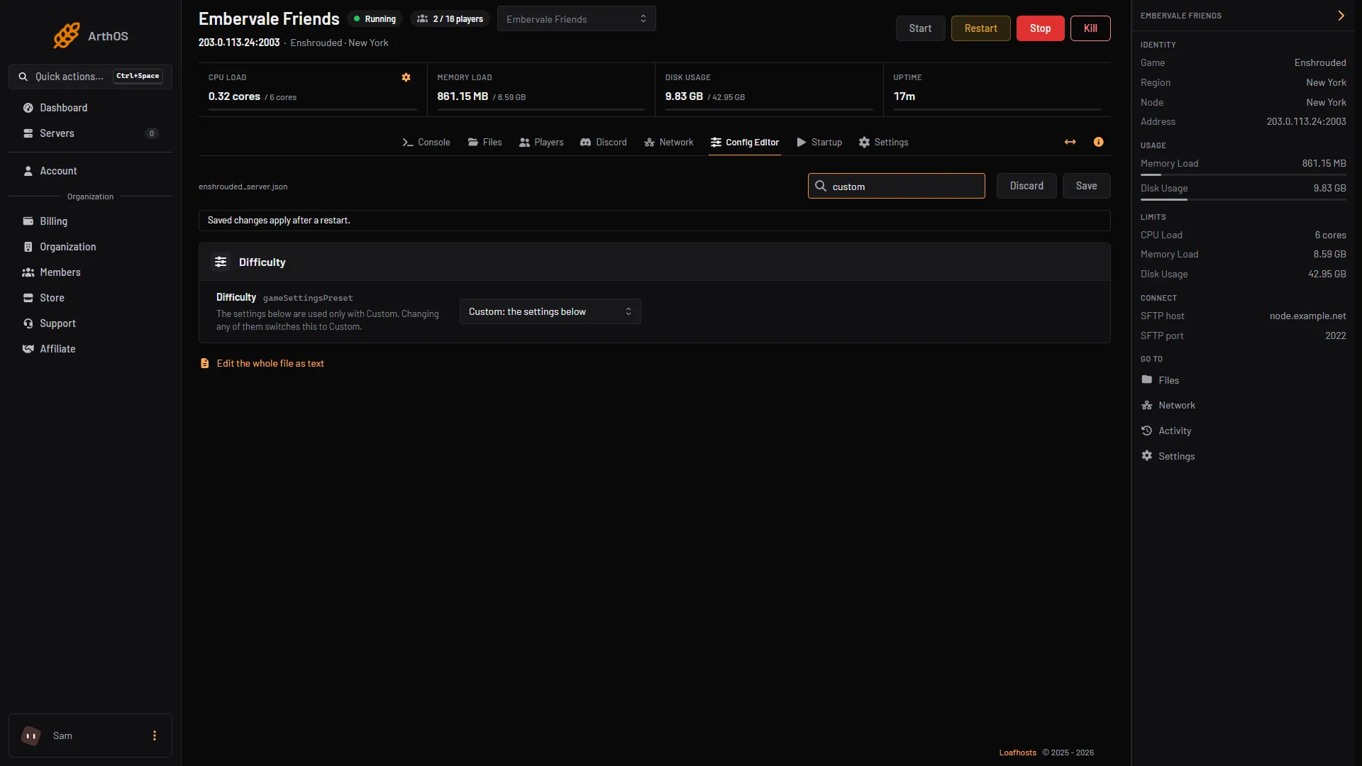 The Difficulty row in the Config Editor with its list showing Custom: the settings below