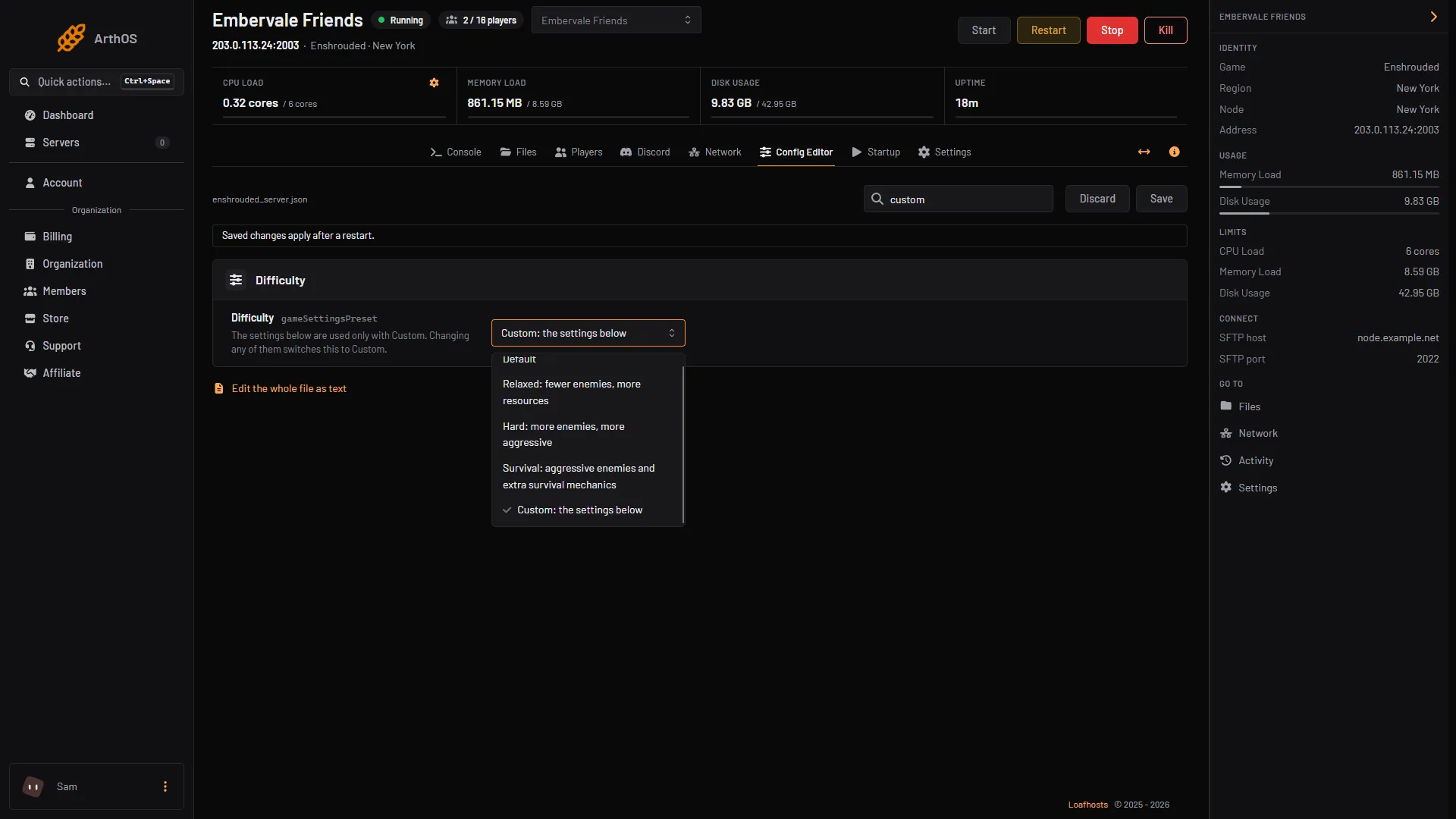 The Difficulty list open in the Config Editor, showing Default, Relaxed, Hard and Survival