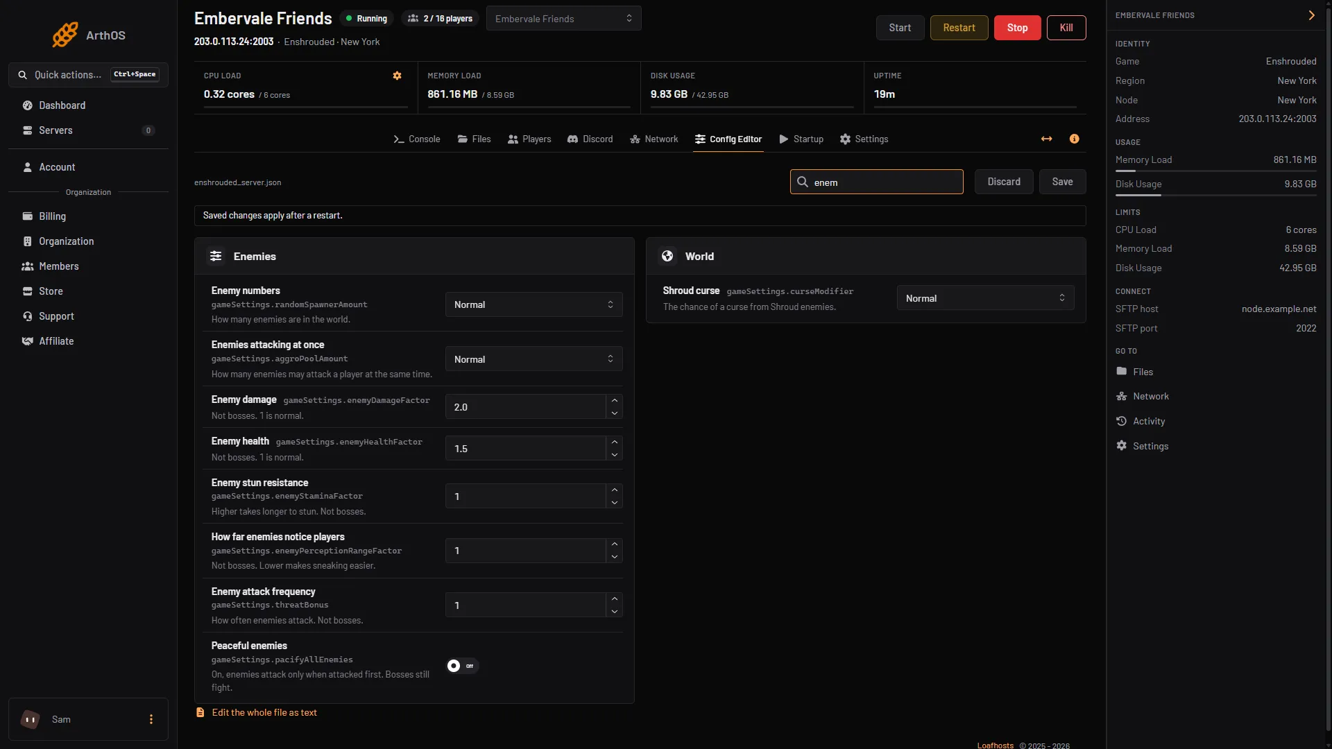 The Enemies group in the Config Editor, from Enemy numbers down to Peaceful enemies