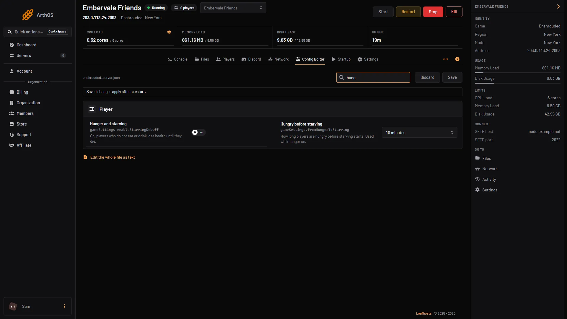 The Player card of the Config Editor with the hunger rows