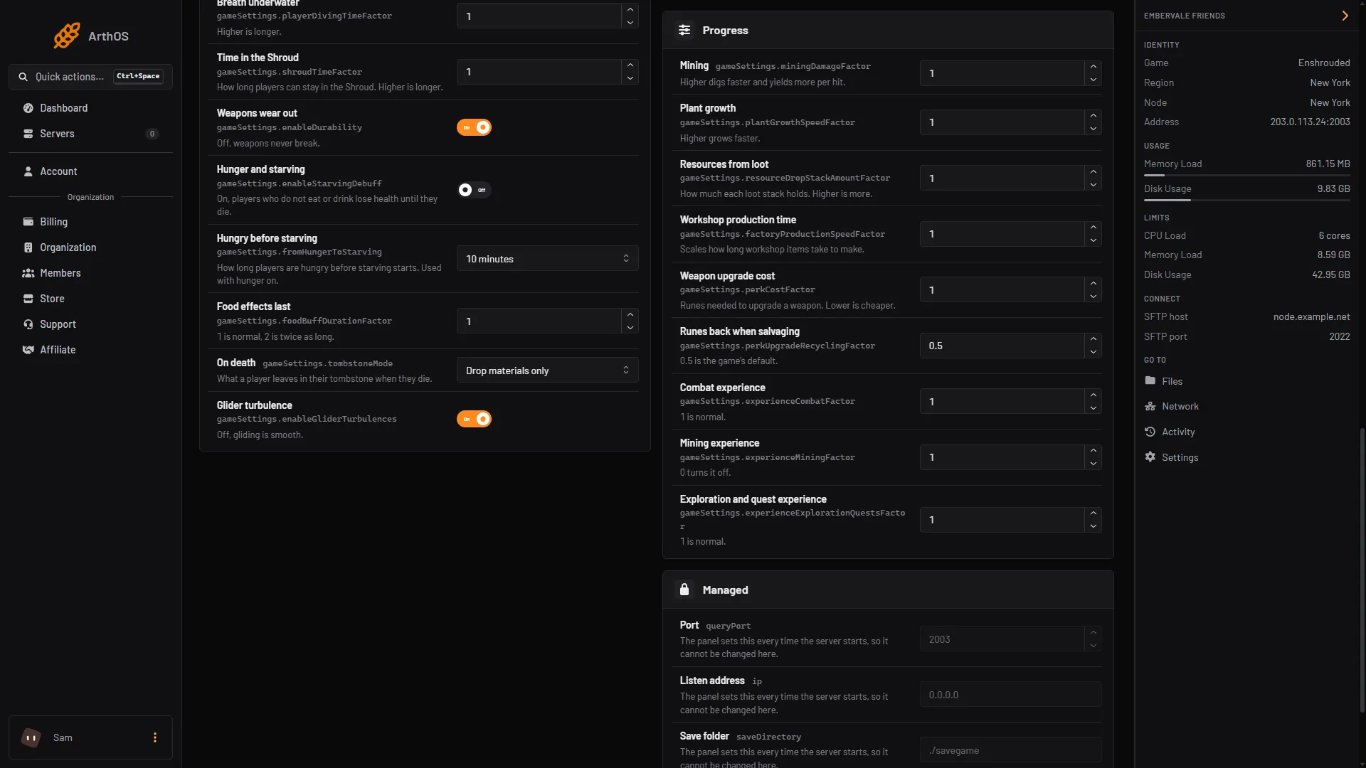 The Progress card of the Config Editor, from Mining down to Combat experience