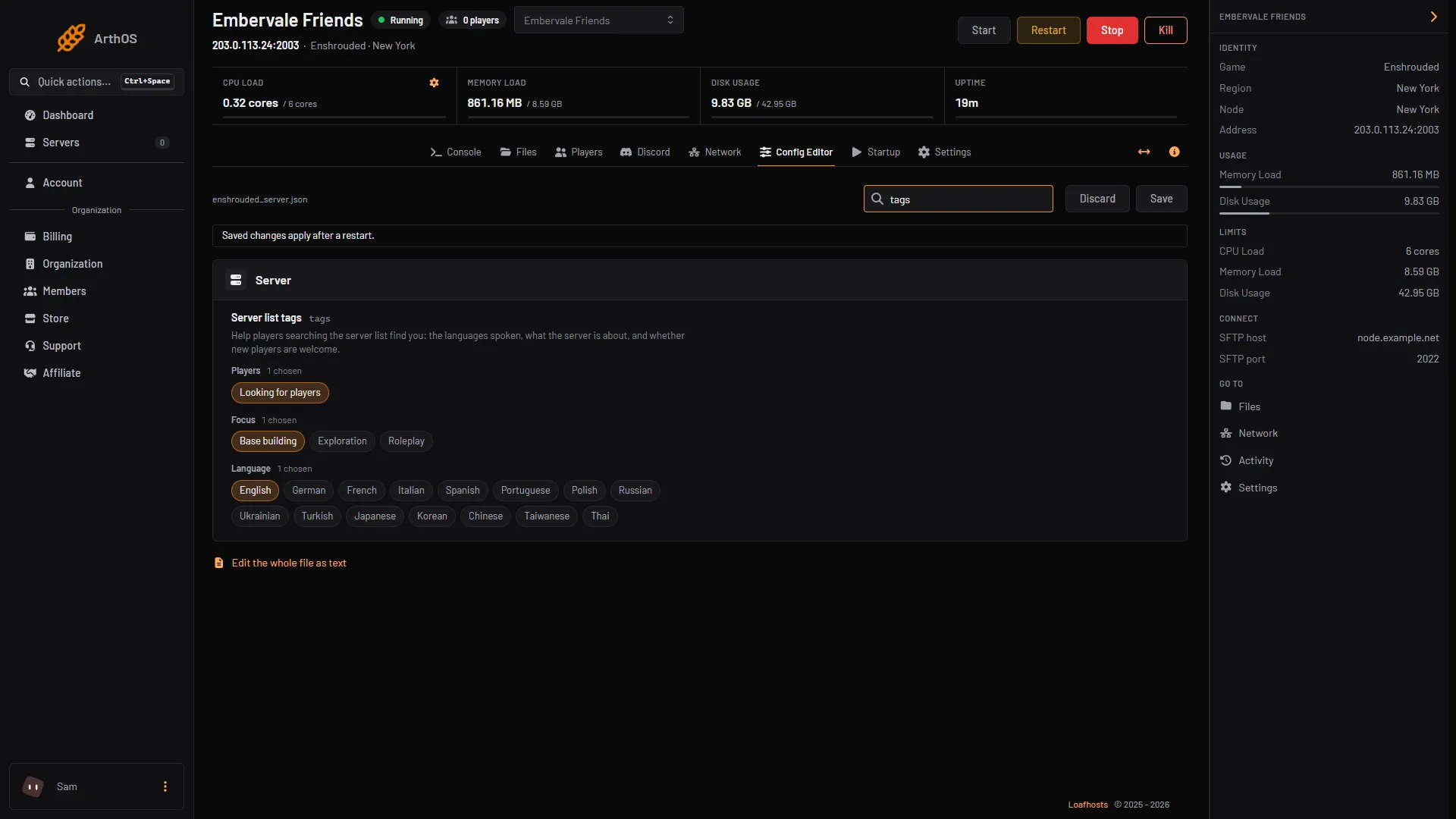 The Server list tags row with its Players, Focus and Language chips