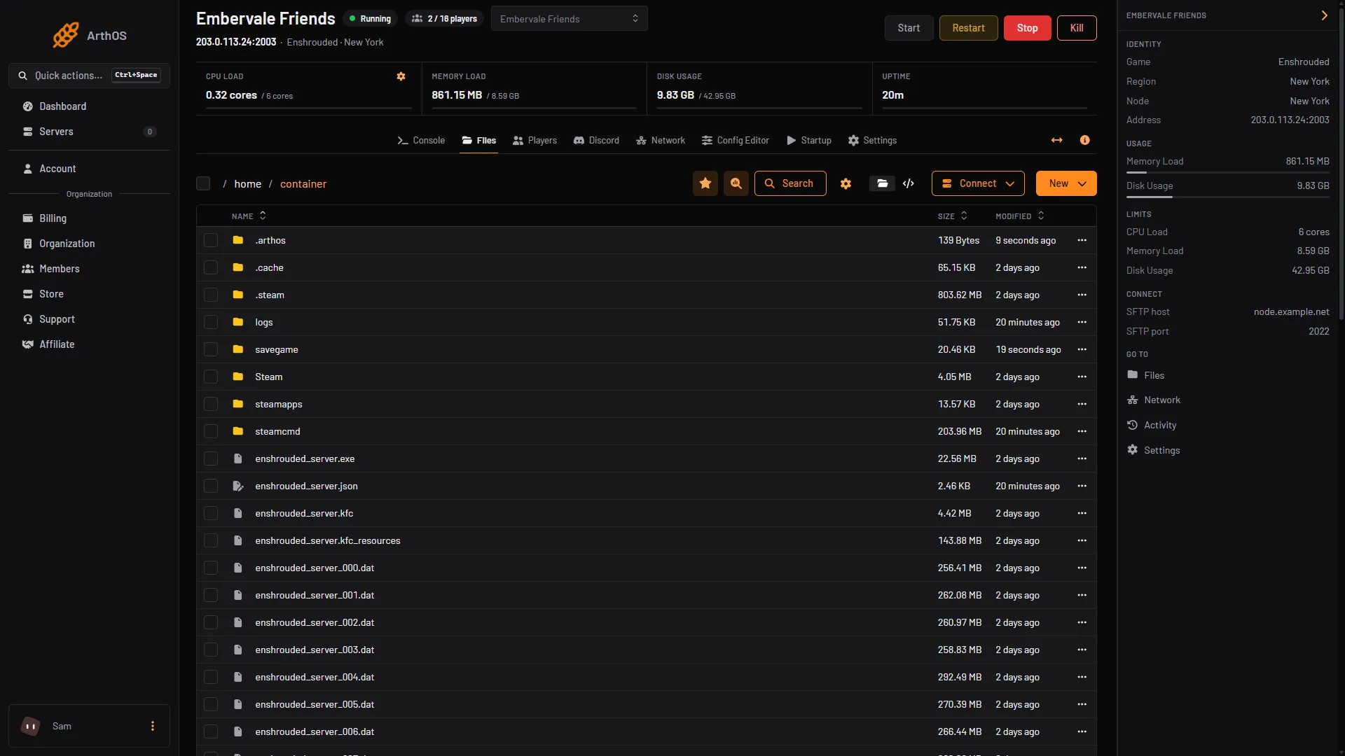 The Files page at the server's top folder with the logs folder