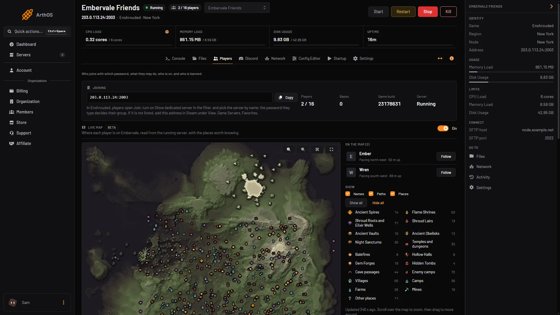 The Players page with the Live map switched on, the map, the list of players and the Show choices