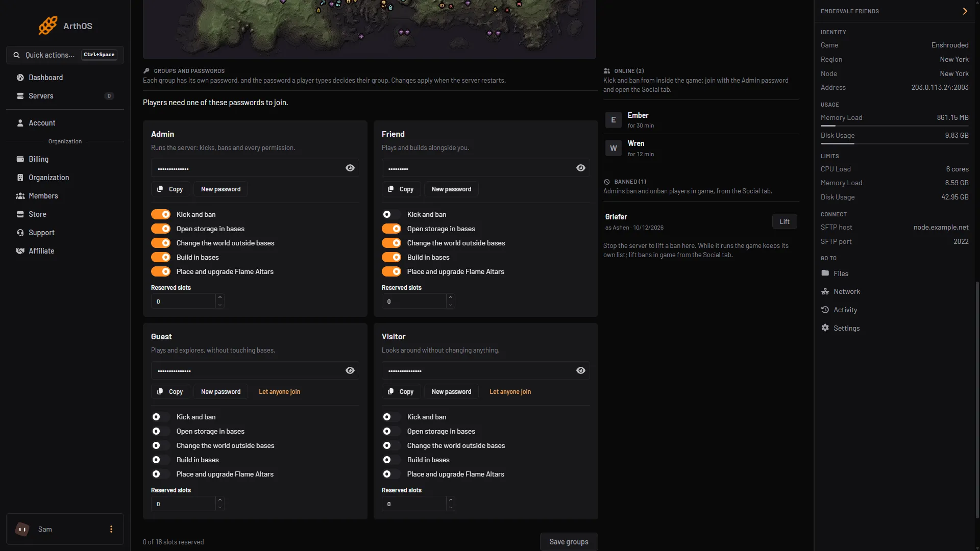 The Banned list on the Players page with one ban and its Lift button