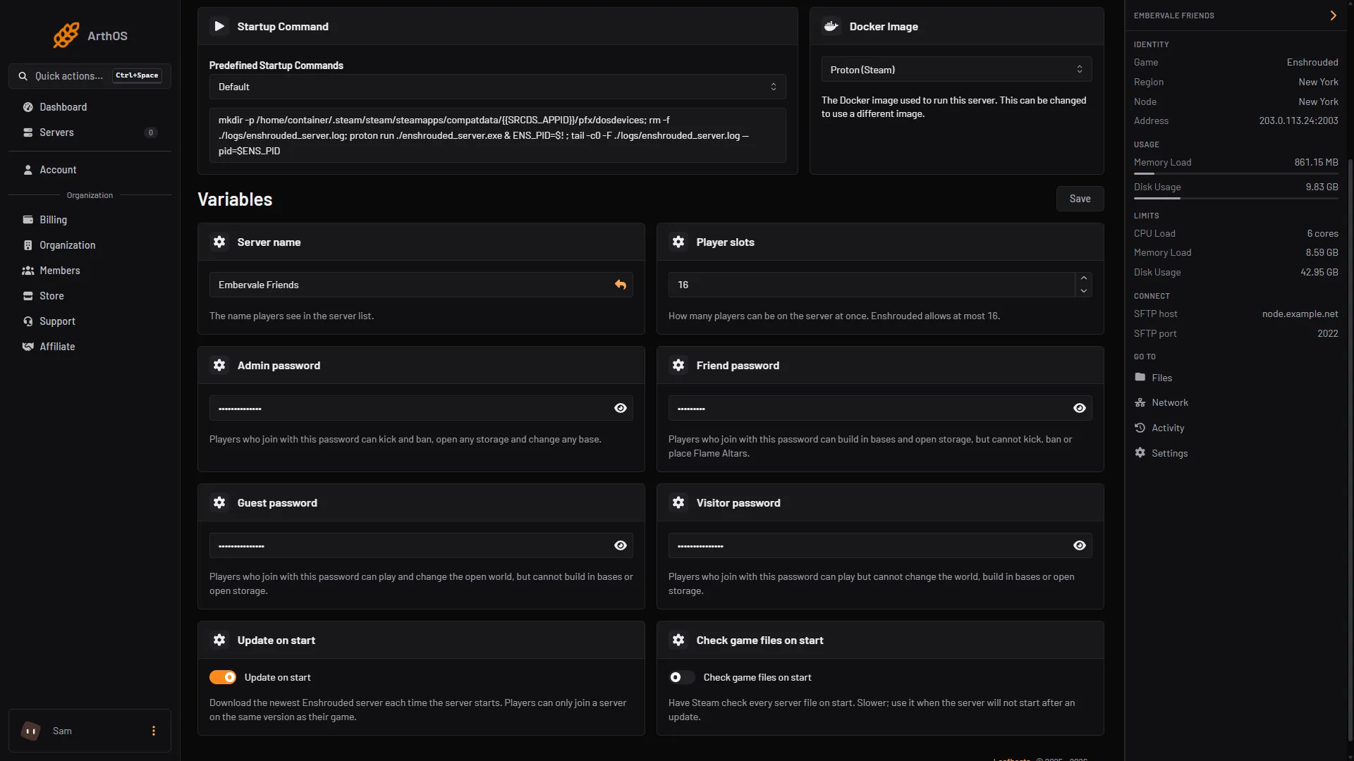 The Startup page with the Update on start switch