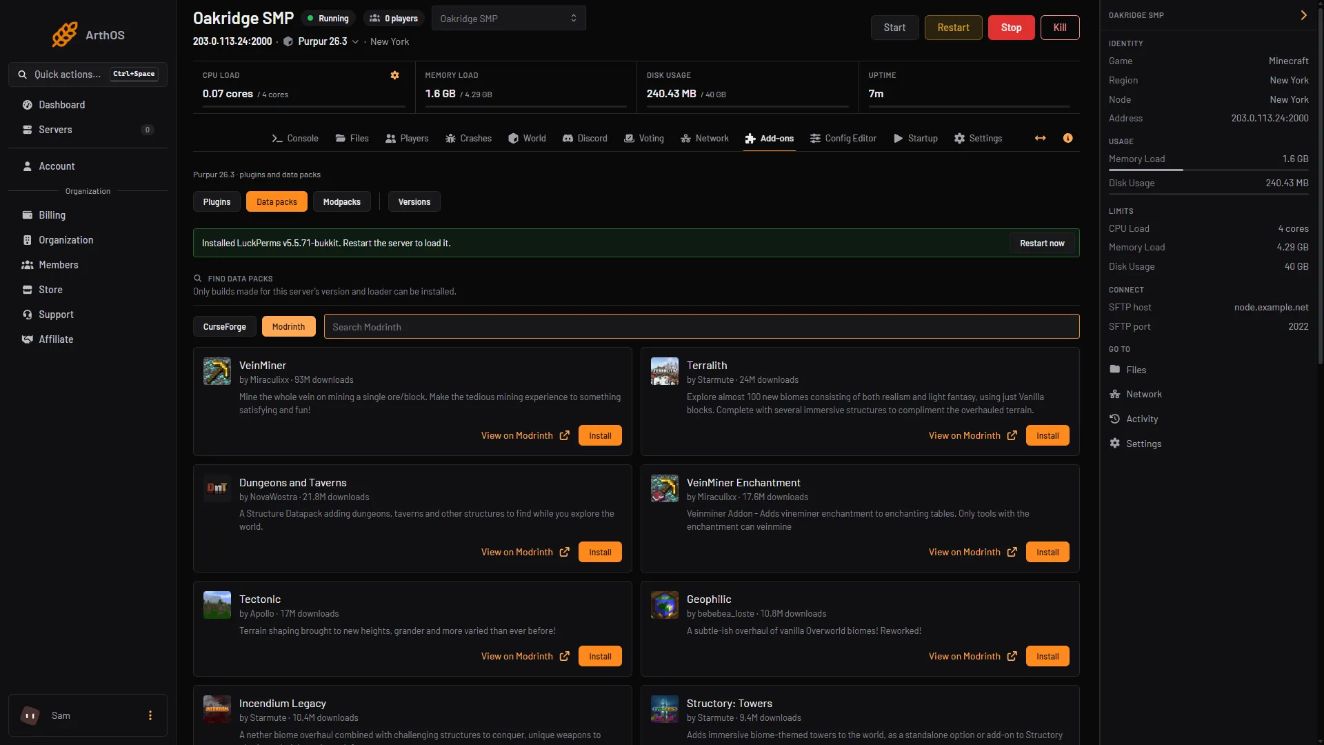 The Add-ons page with the Data packs button selected