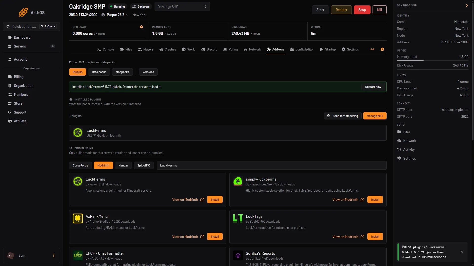 The Plugins page with the source buttons, search box, Install buttons and the installed message