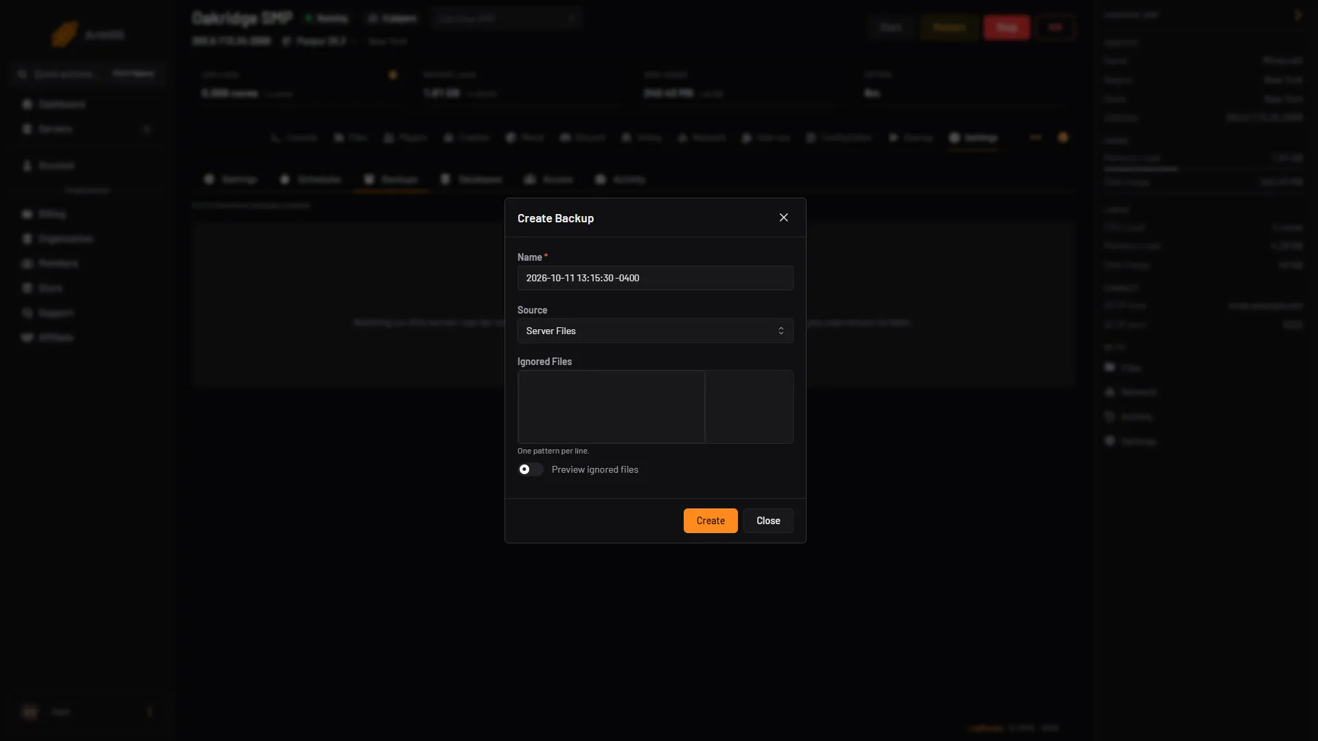 The Create Backup dialog with Name, Source, Ignored Files and the Create button