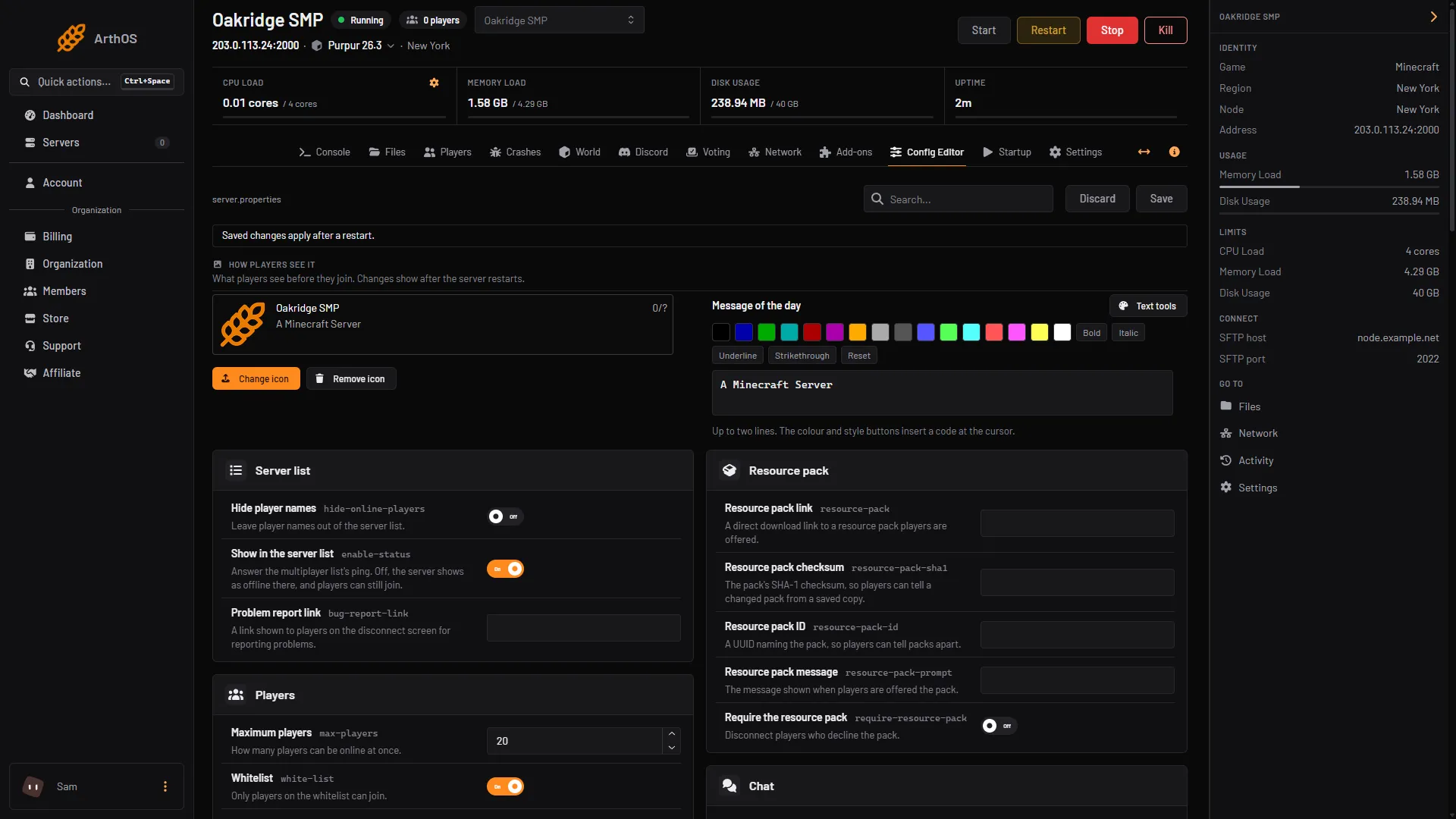 The Config Editor on a Minecraft server, showing server.properties with its search box, Save button and restart banner