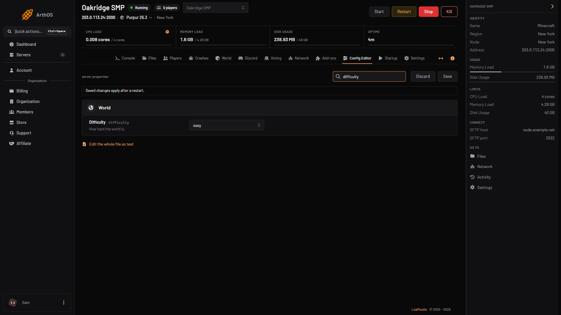 The Config Editor searched for difficulty, showing the Difficulty row in the World group