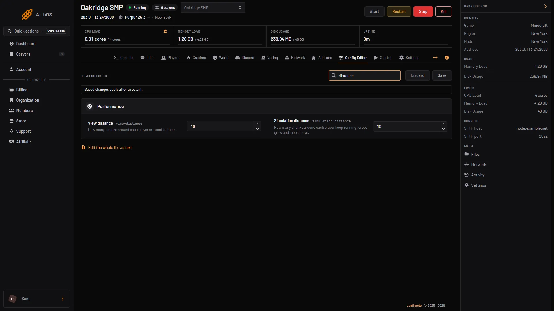 The View distance and Simulation distance rows in the Config Editor