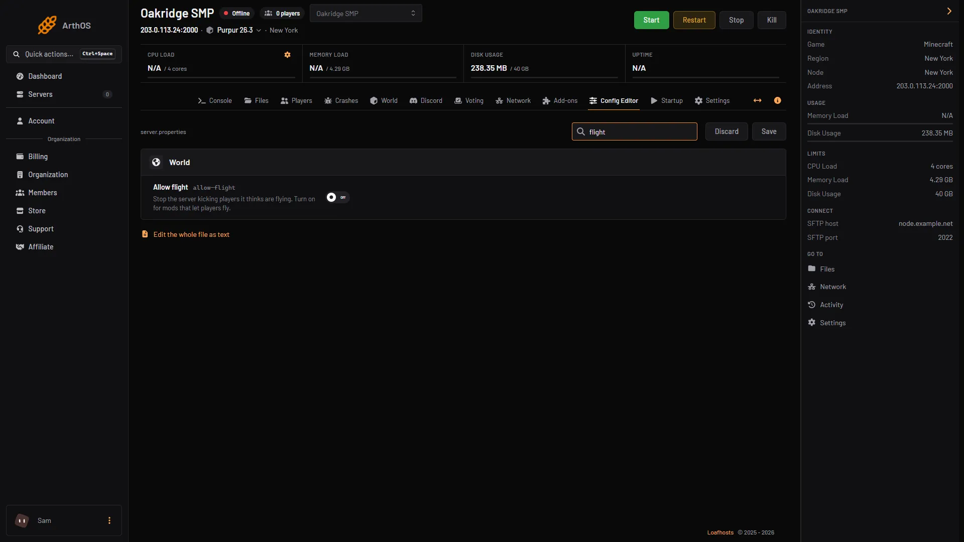 The Config Editor searched for flight, showing the Allow flight row with its switch and the Save button.