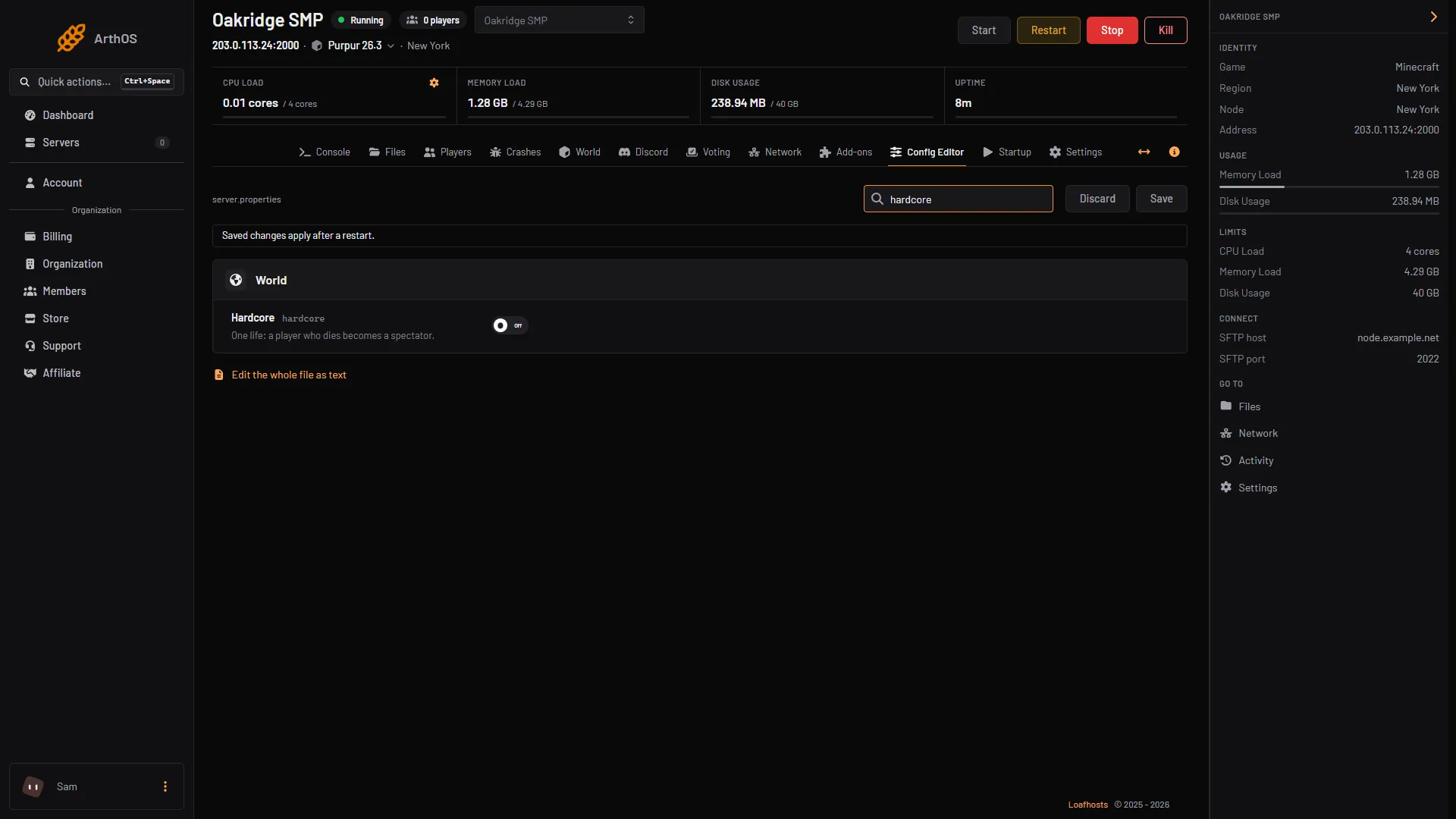 The Config Editor searched for hardcore, showing the Hardcore row with its switch and the Save button.