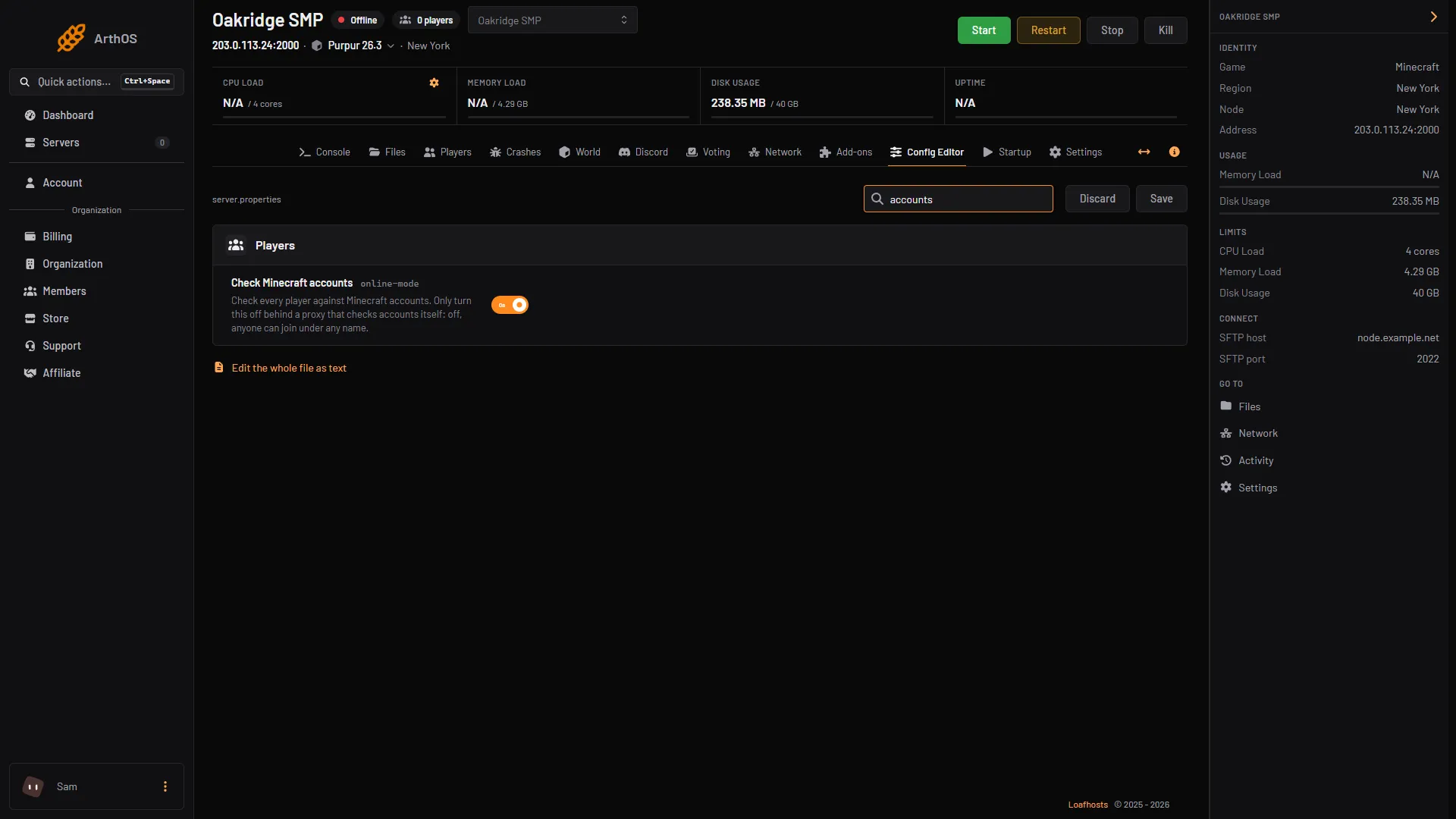 The Config Editor searched for accounts, showing the Check Minecraft accounts row with its switch and the Save button.
