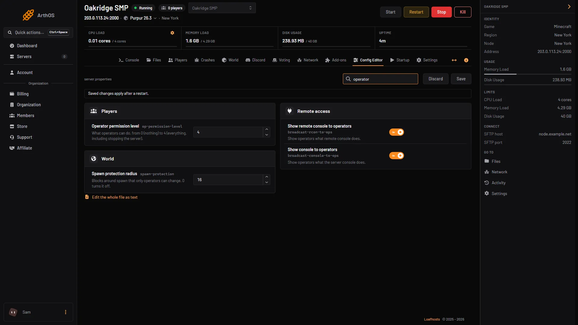 The Operator permission level row in the Config Editor