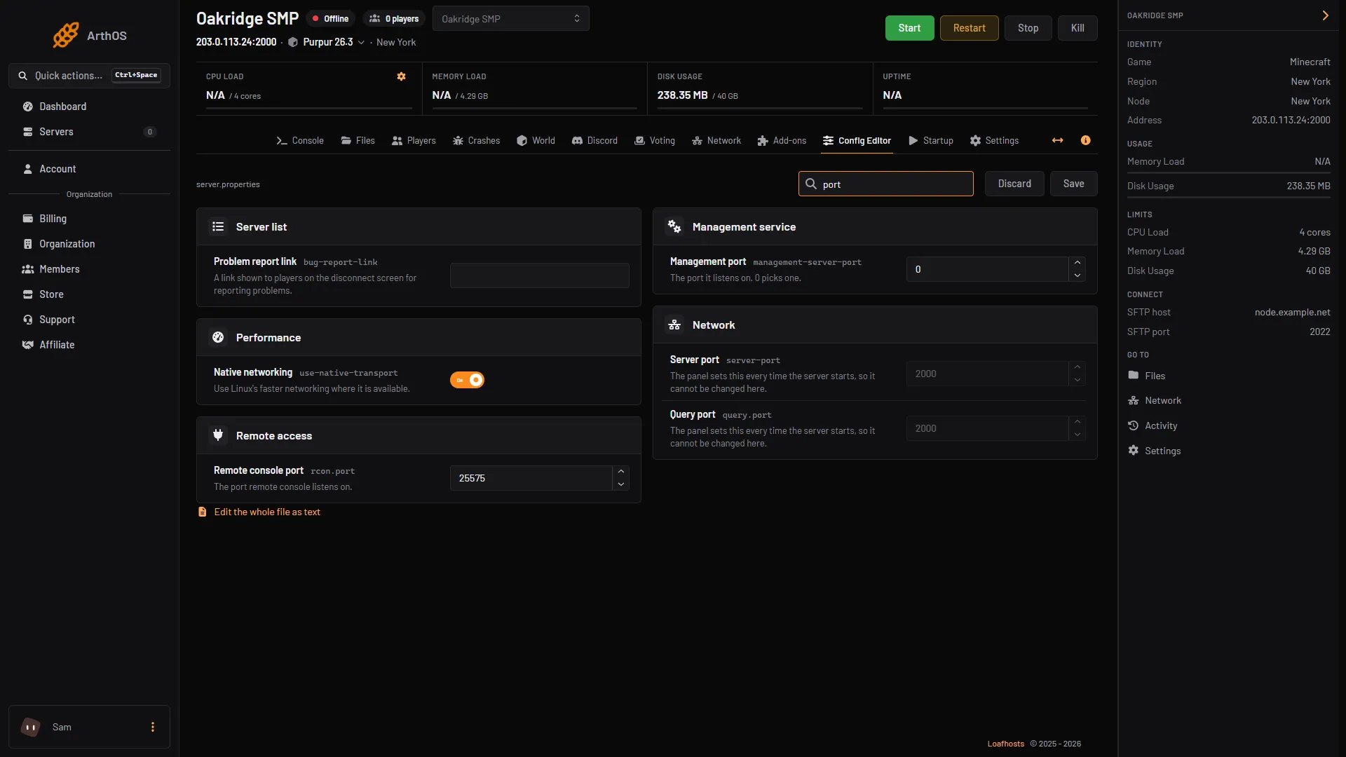The Config Editor searched for port, showing the locked Server port and Query port rows in the Network group