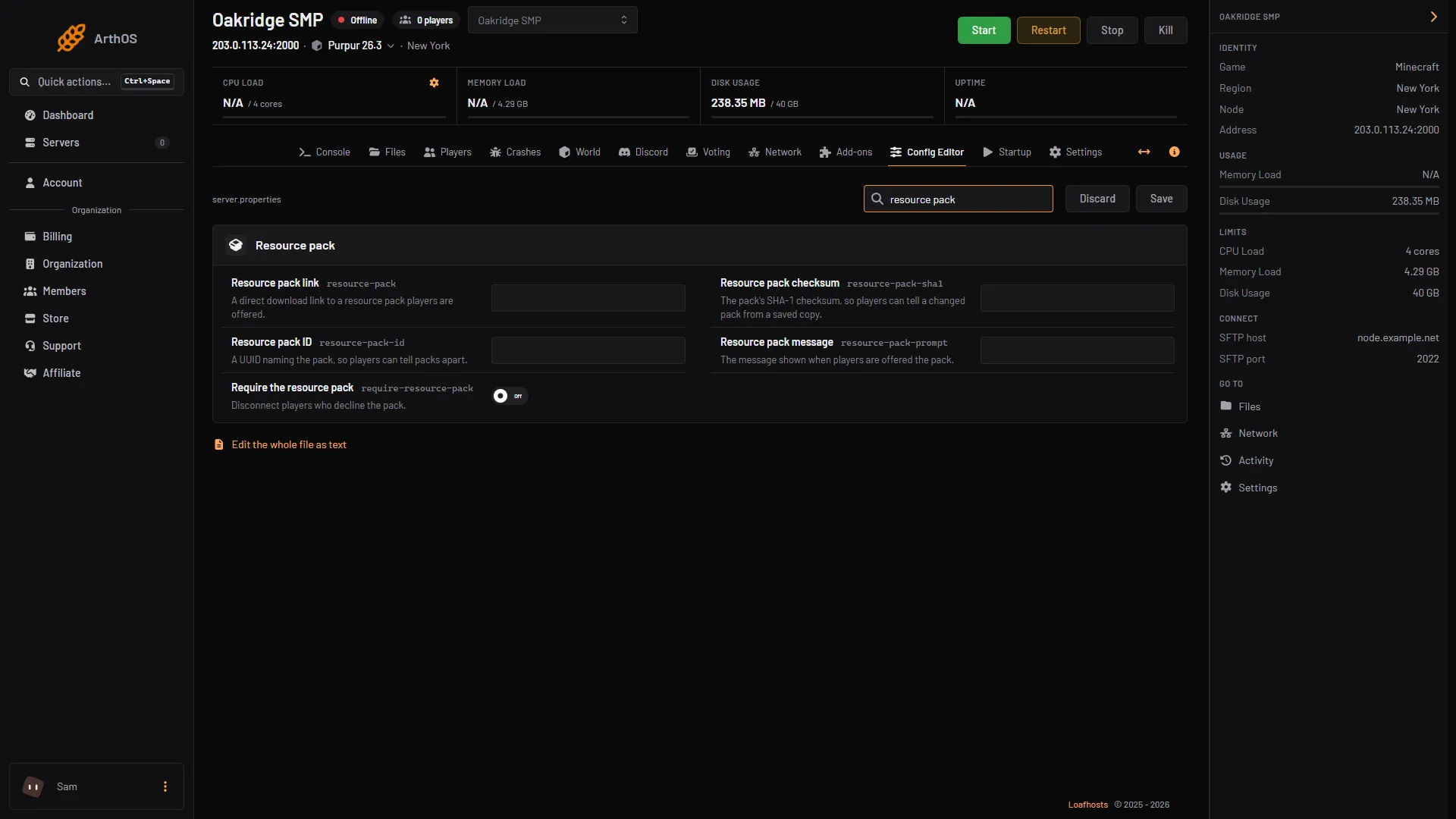 The Config Editor searched for resource pack, showing the Resource pack link and Resource pack checksum rows and the Save button.