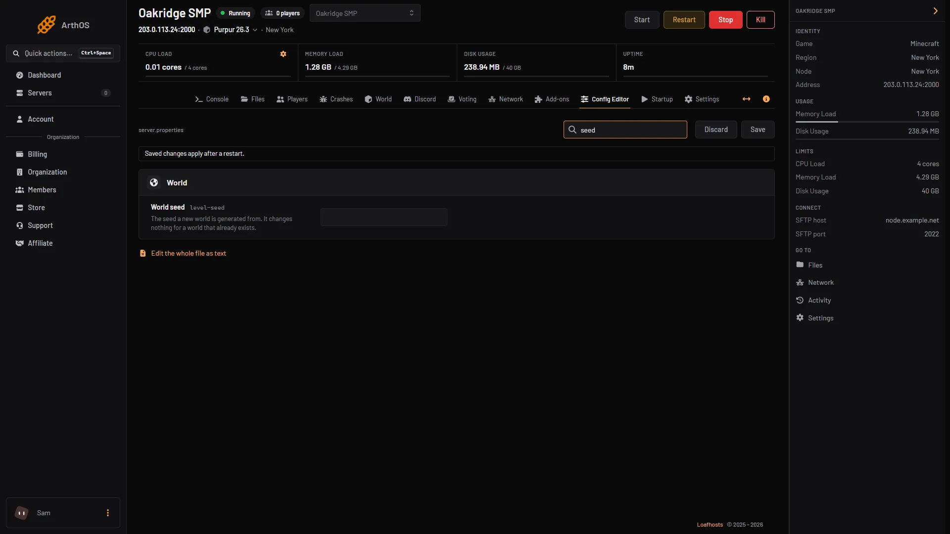 The Config Editor searched for seed, showing the World seed row and Save.