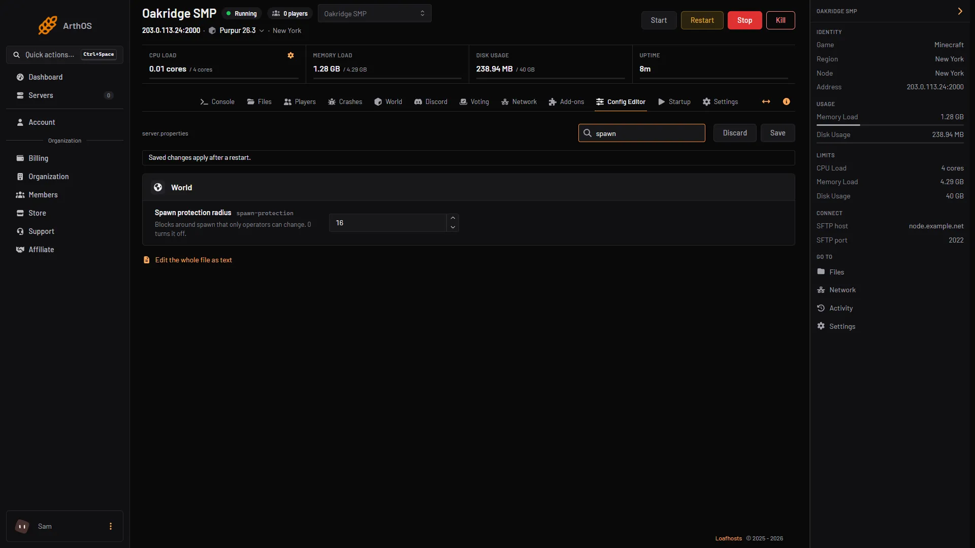 The Config Editor searched for spawn, showing the Spawn protection radius row and Save.