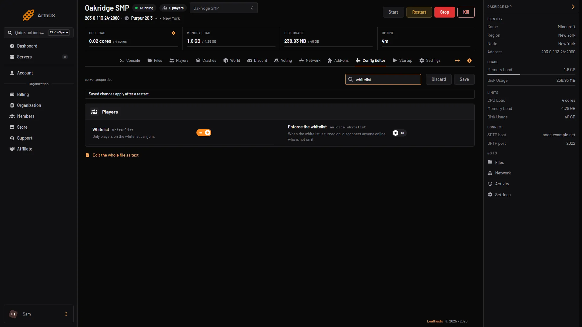 The Whitelist and Enforce the whitelist rows in the Config Editor