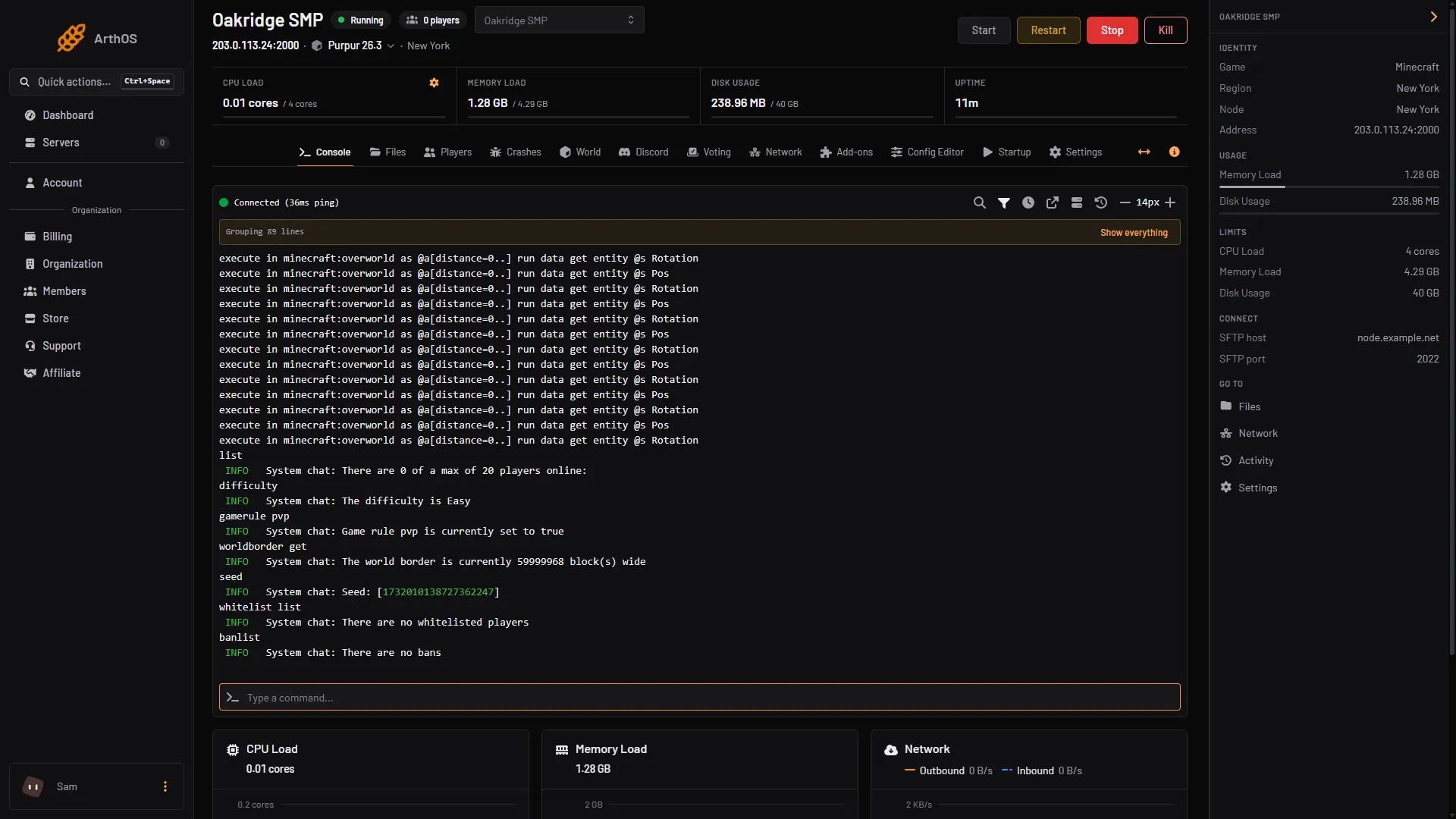 The Console after the seed command, with the reply