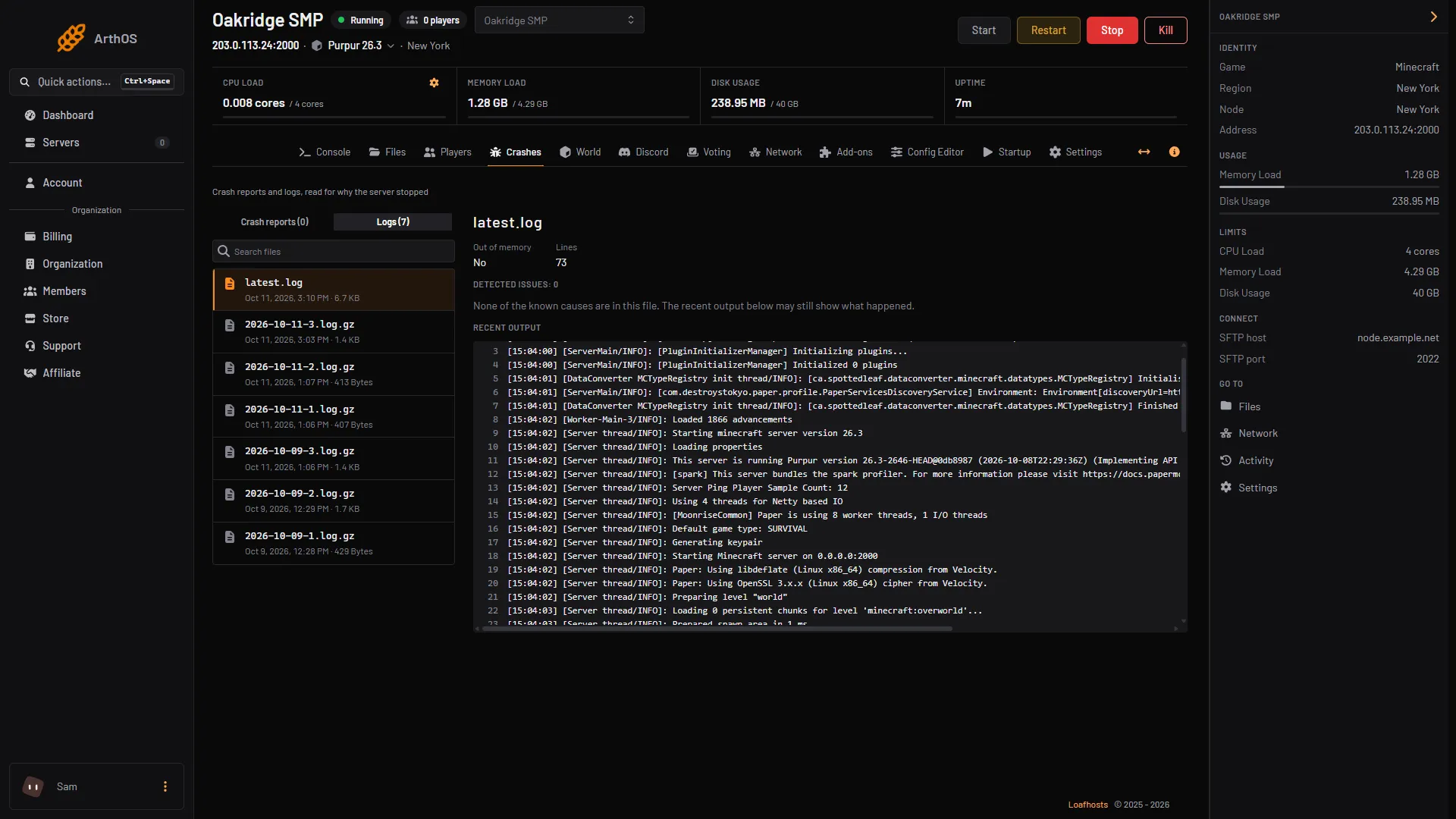 The Crashes tab with the Logs list open and a file's findings beside it