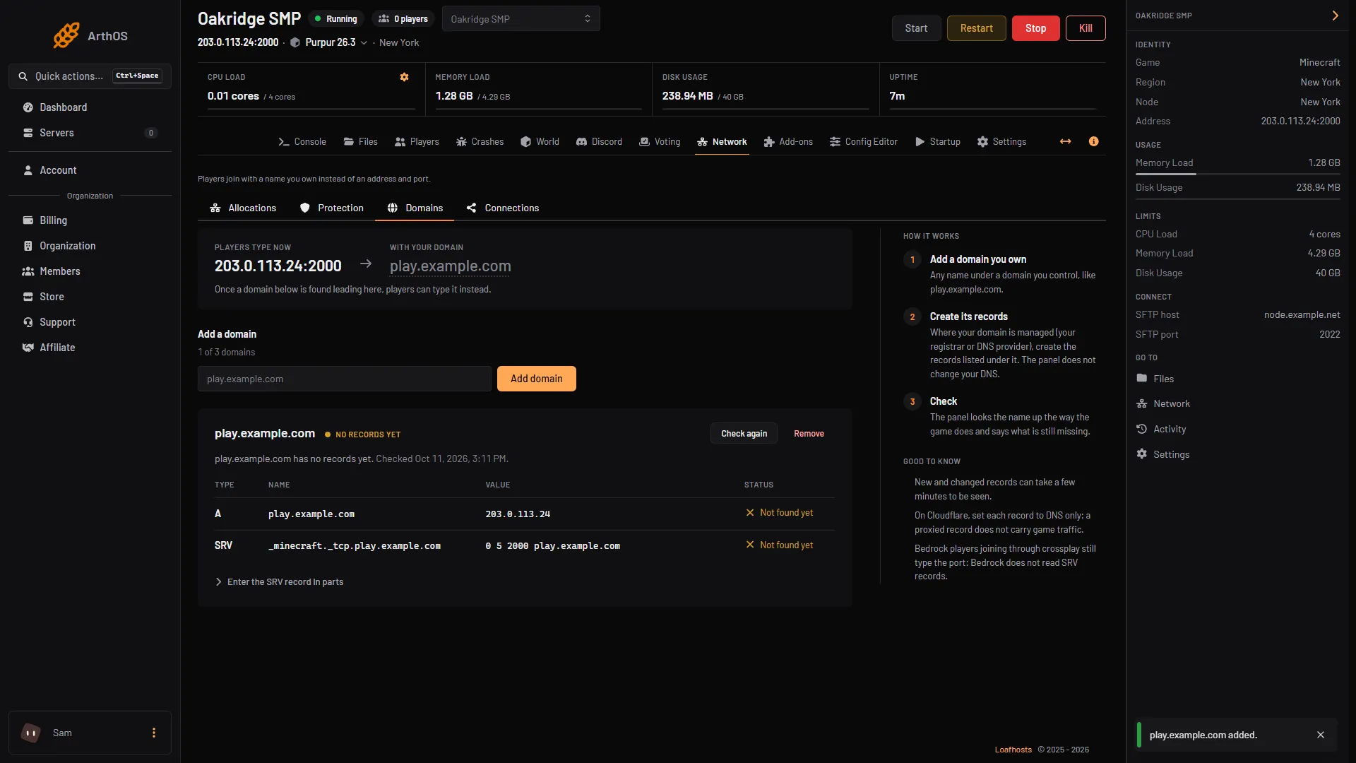 The Domains sub tab after adding a domain, with the A and SRV records listed as Not found yet