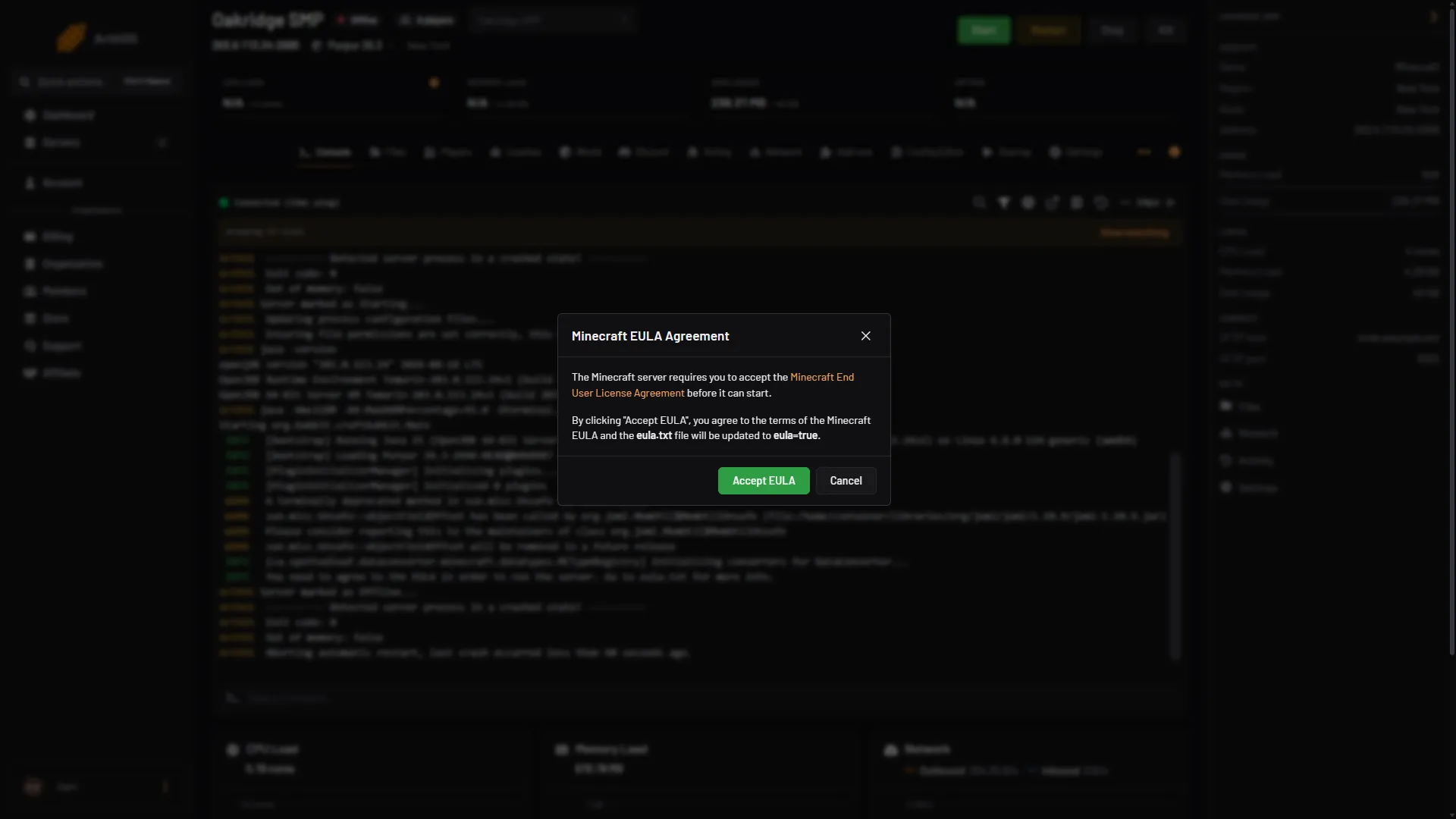 The Minecraft EULA Agreement dialog in the Console, with Accept EULA and Cancel
