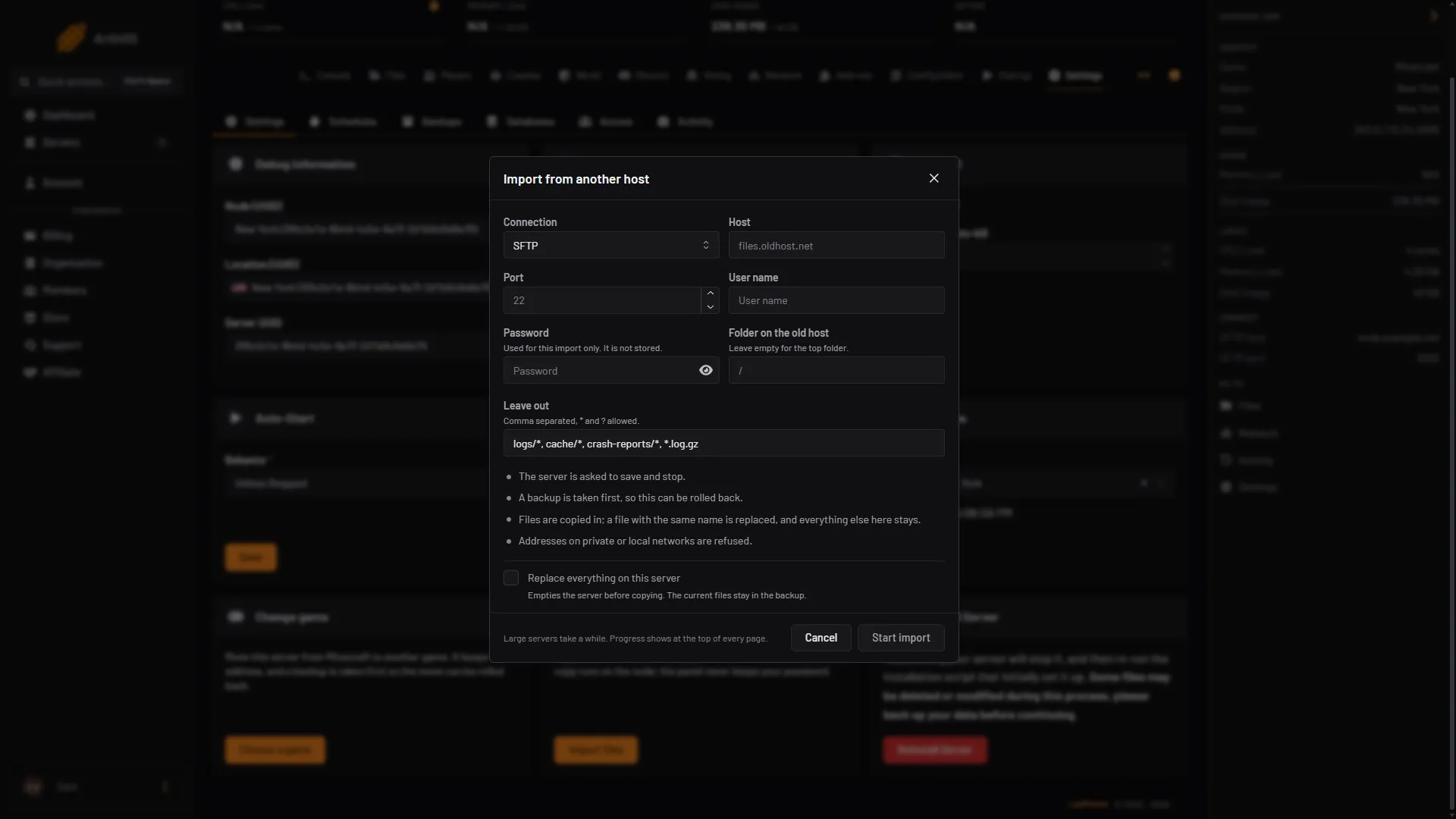 The Import from another host dialog