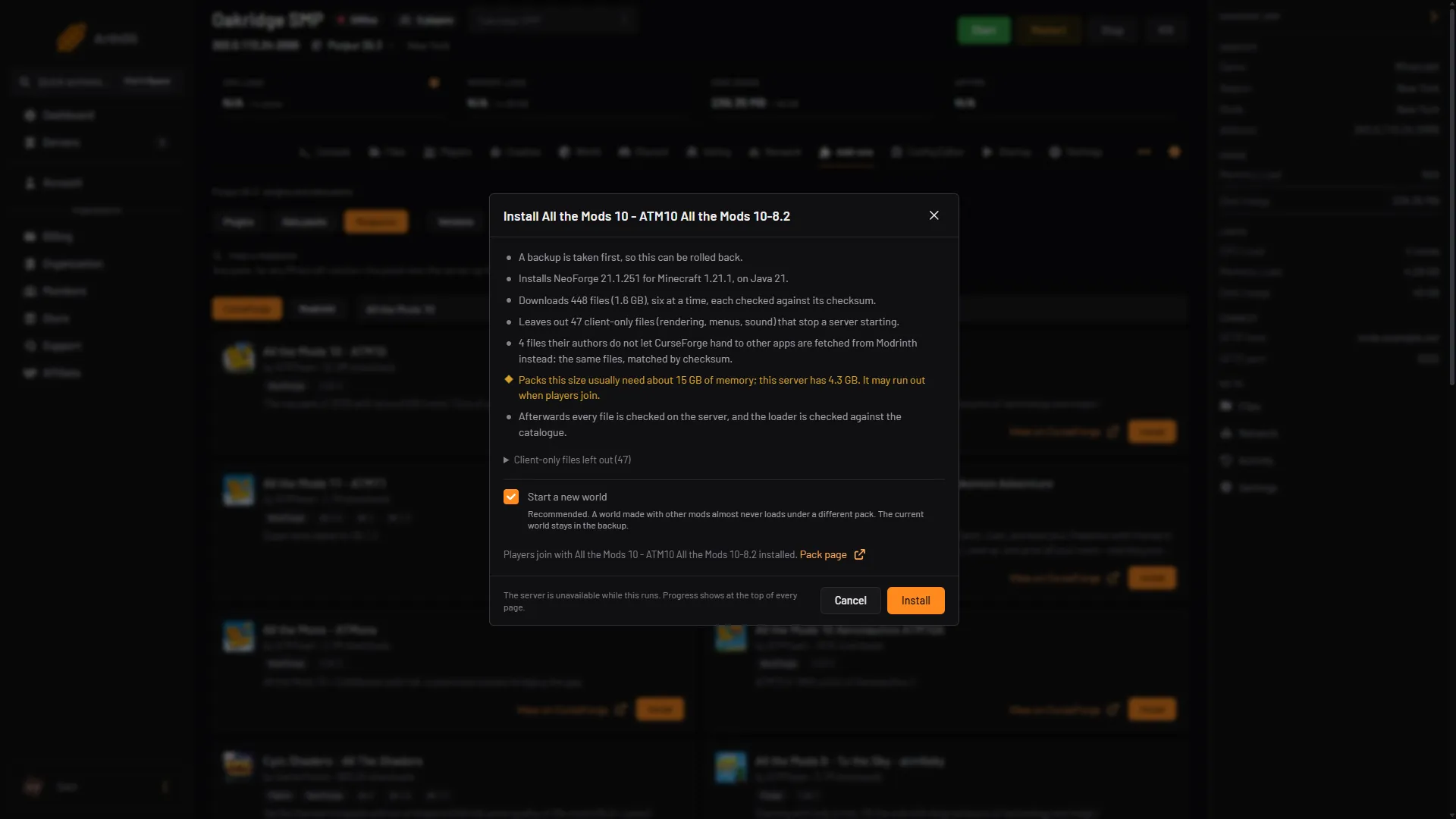 The install plan for All the Mods 10 version 8.2, with the loader line, a memory warning, Start a new world ticked and the Install button