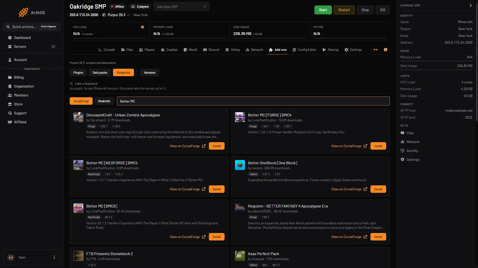 The Modpacks page searched for Better MC on CurseForge, showing the BMC4 and BMC5 results