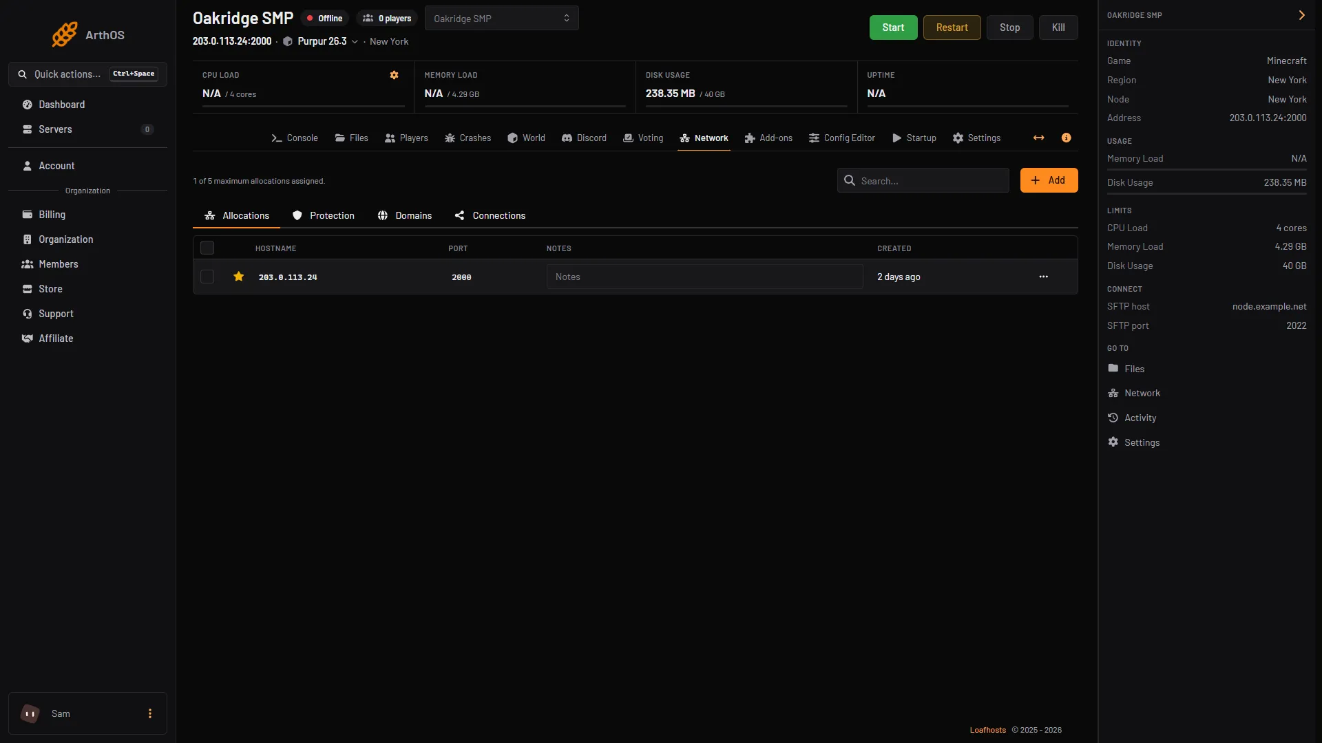 The Network page, Allocations tab, with the allocation count, the Add button and the server's first port